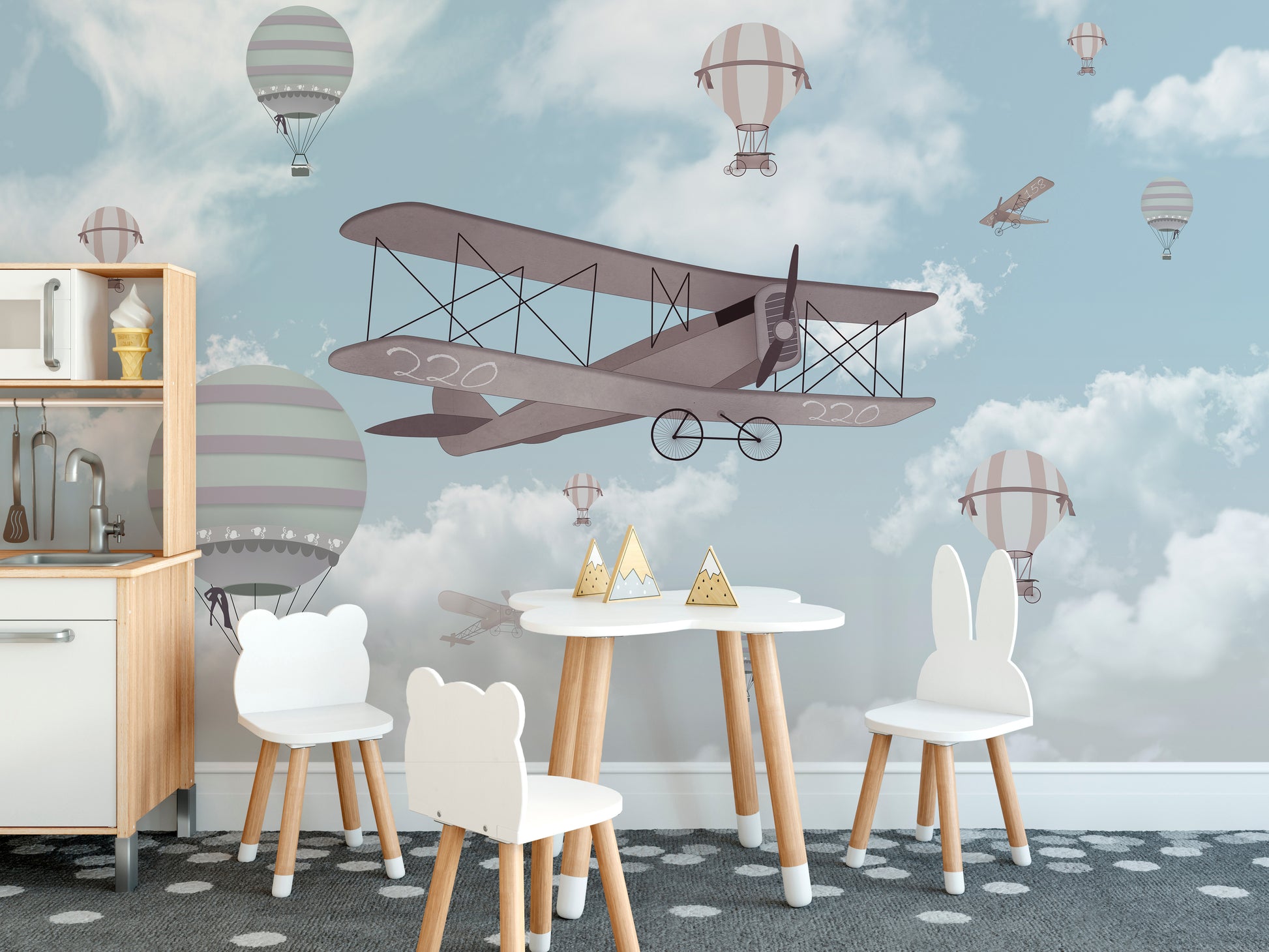 Playful flight-themed mural for bright and lively kids' walls.
