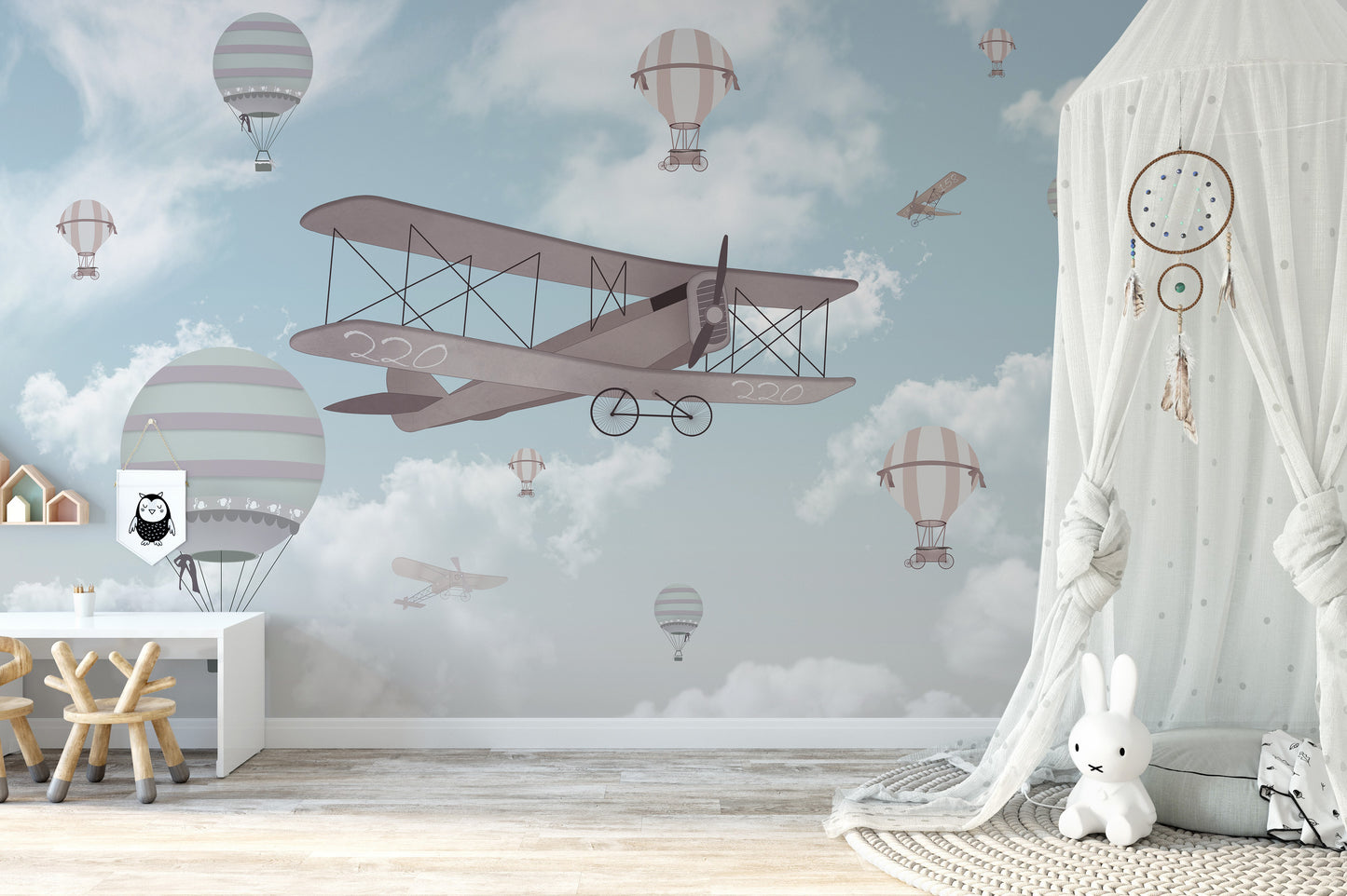 Flight of fancy wallpaper mural for creative kids' decor.
