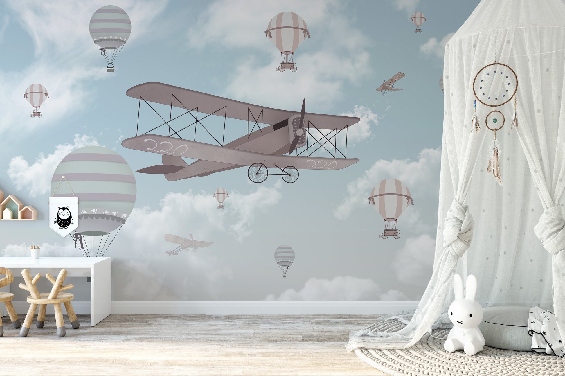 Flight of fancy wallpaper mural for creative kids' decor.
