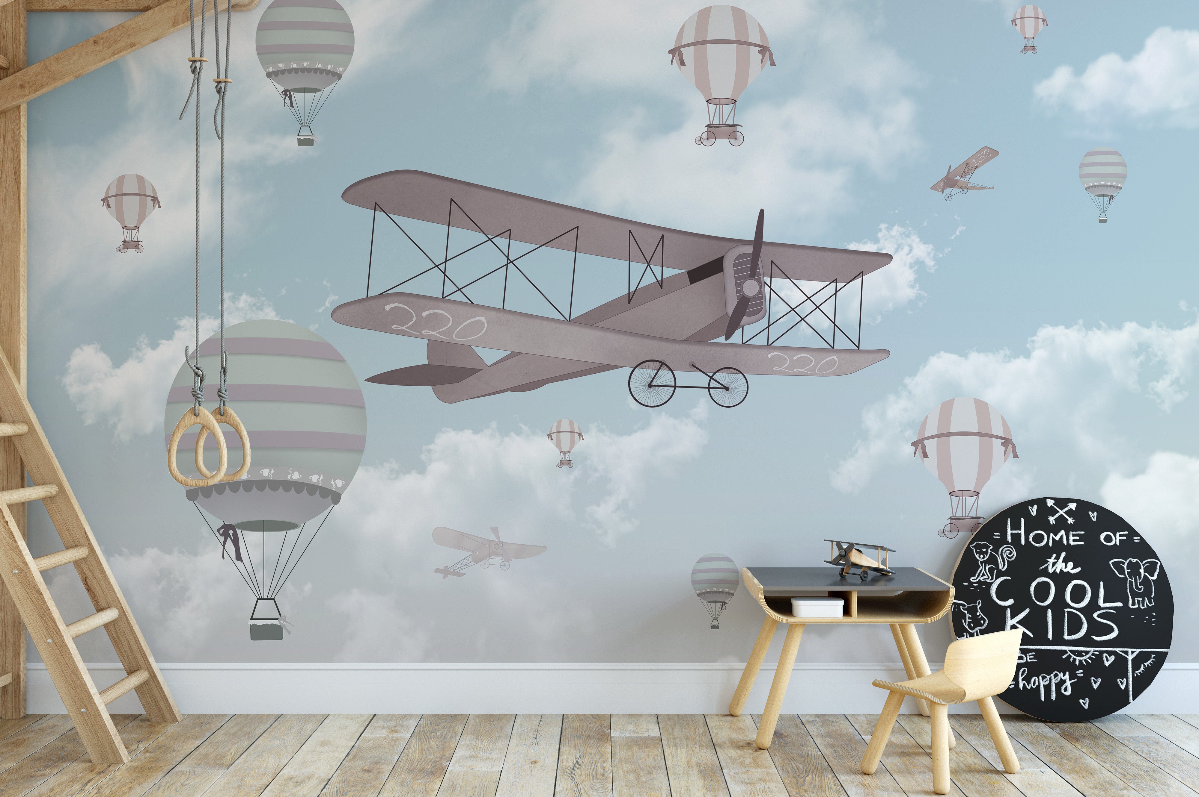 Imaginative flight mural bringing joy to kids' room interiors.
