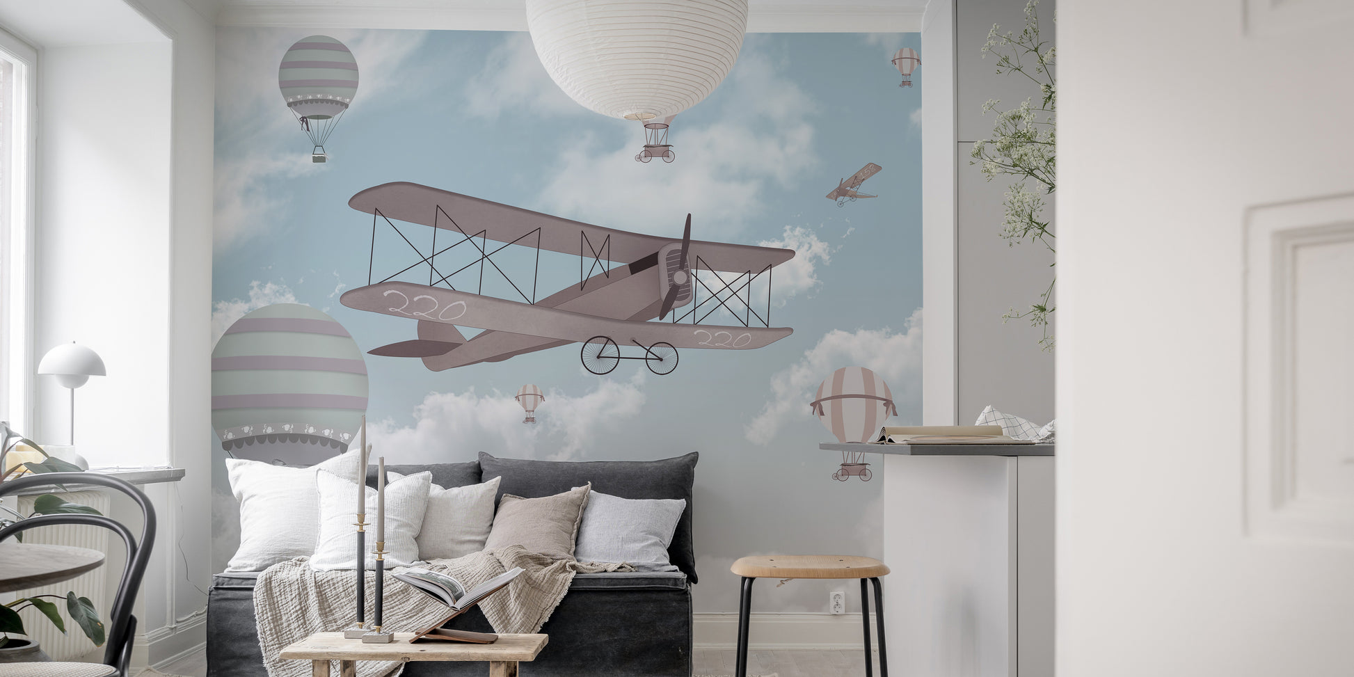 Whimsical mural for kids' spaces with a flight of fancy theme.
