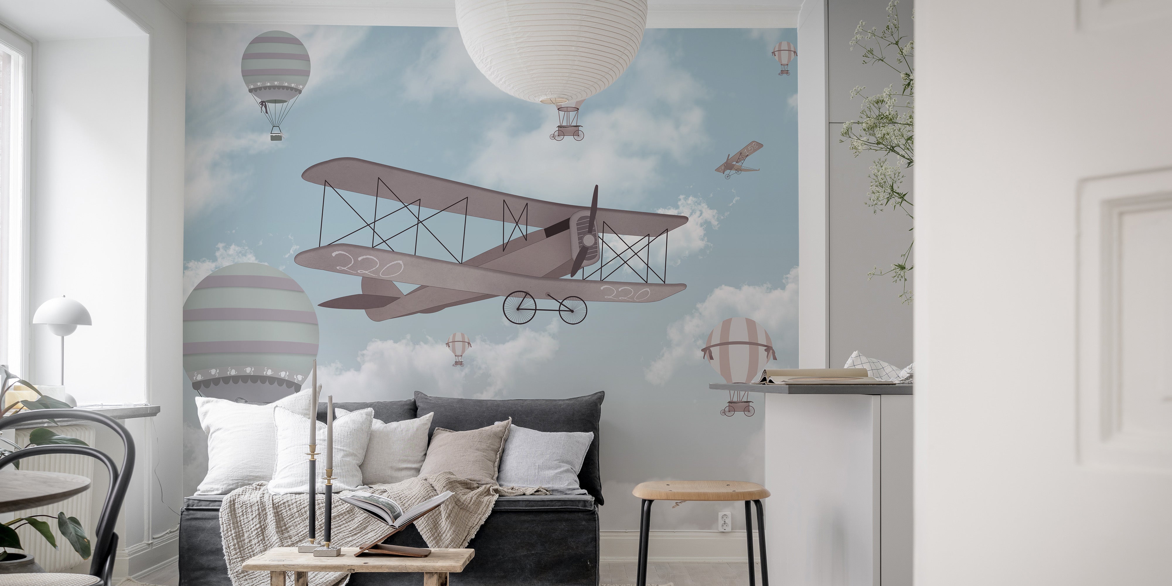 Whimsical mural for kids' spaces with a flight of fancy theme.
