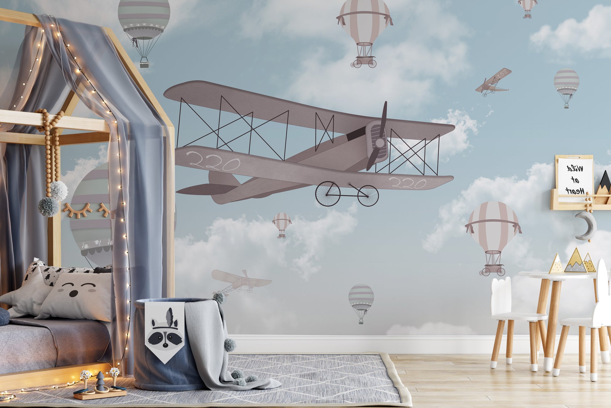 Flight of fancy mural with colorful patterns for kids' rooms.
