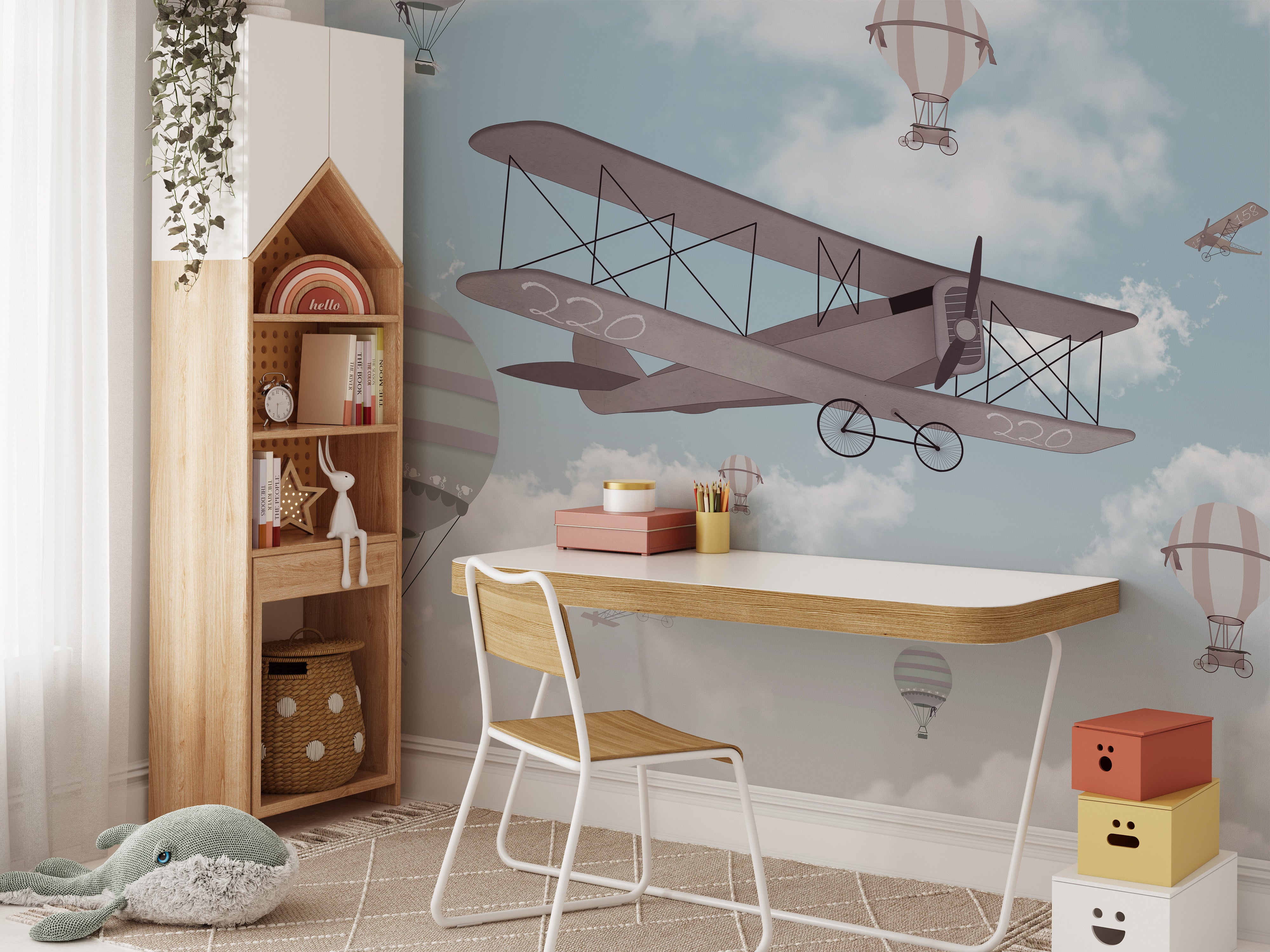 Kids' room mural featuring playful flight of fancy design.
