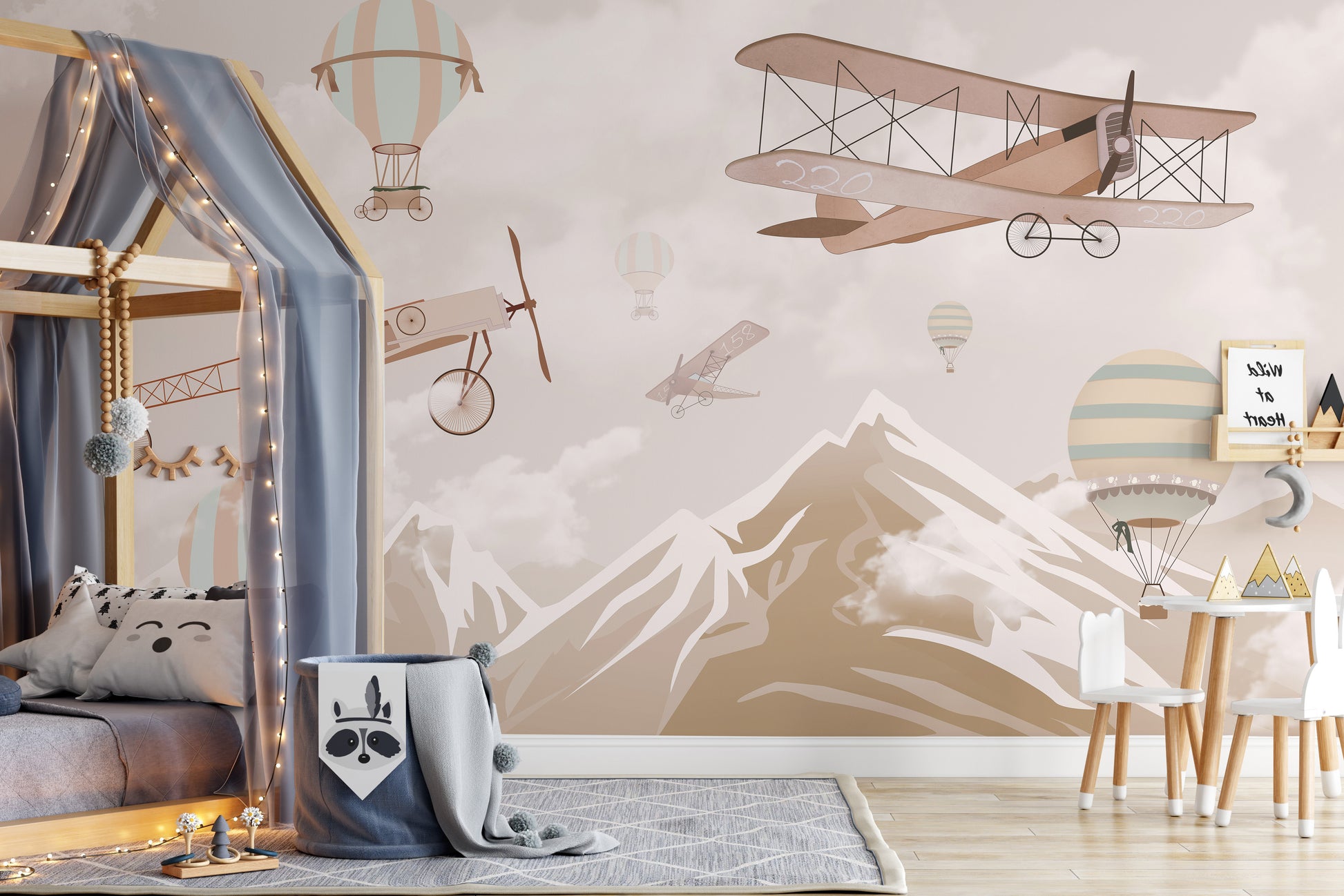 Dreamy mural of mountains from above for serene wall decor.
