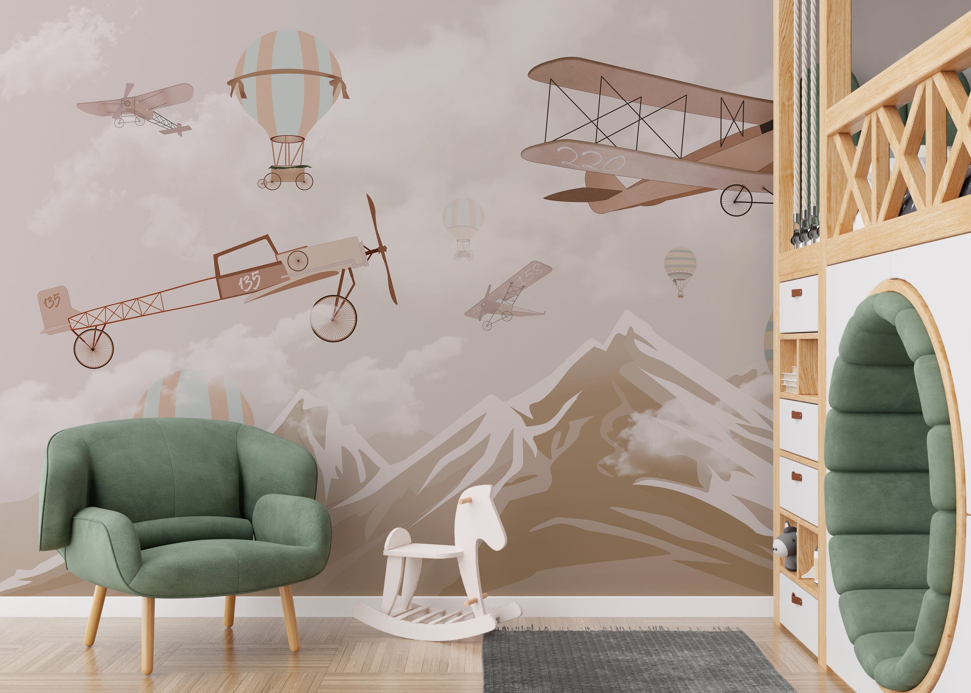 Aerial mountain wallpaper mural for soothing wall aesthetics.
