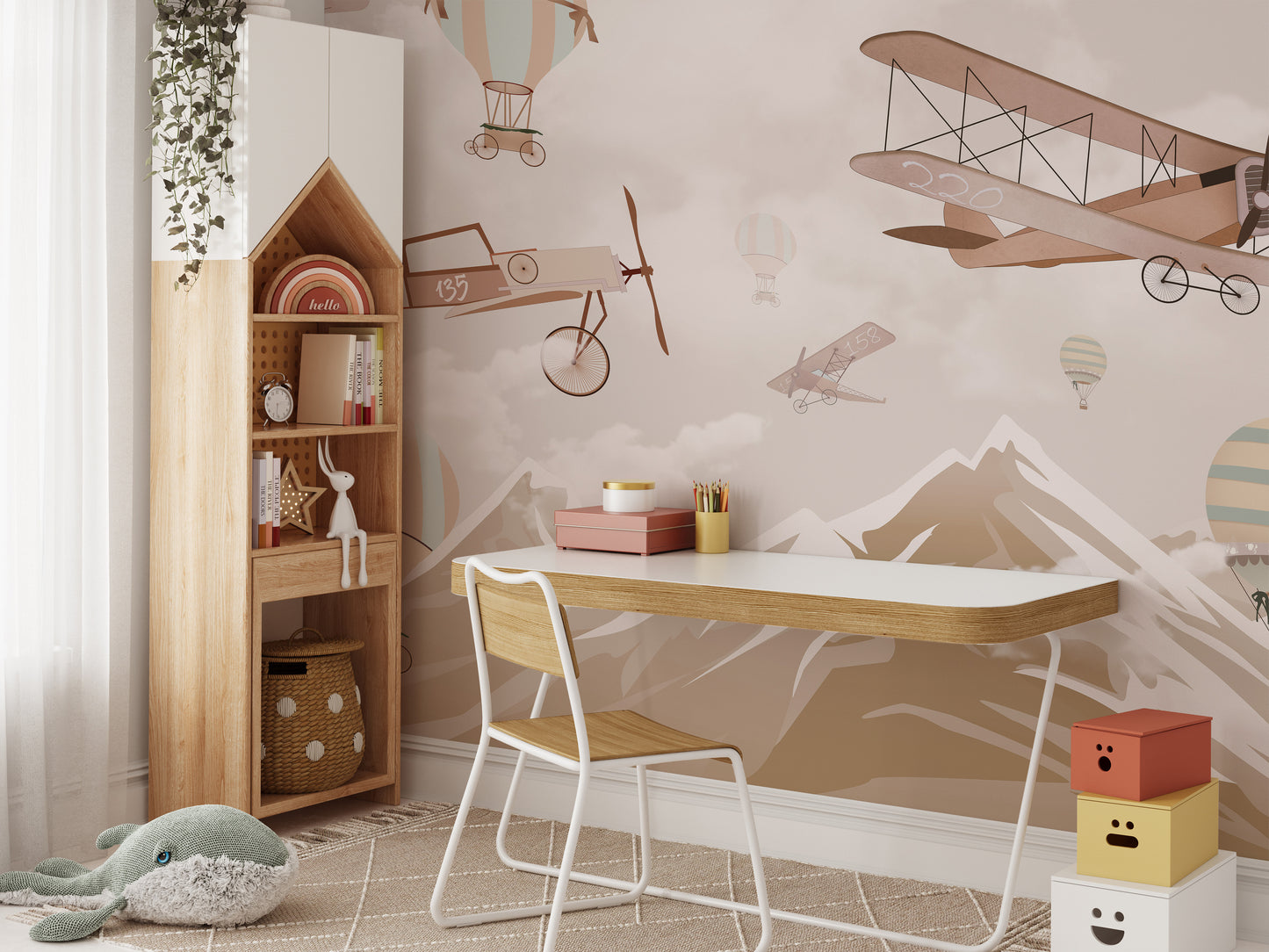 Artistic mural featuring aerial mountain views for calm spaces.
