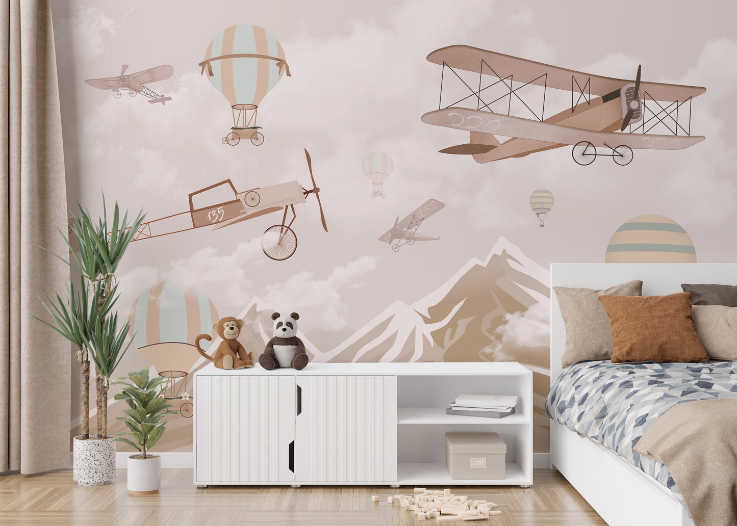 Aerial mountain dreams wallpaper mural with soft, dreamy tones.
