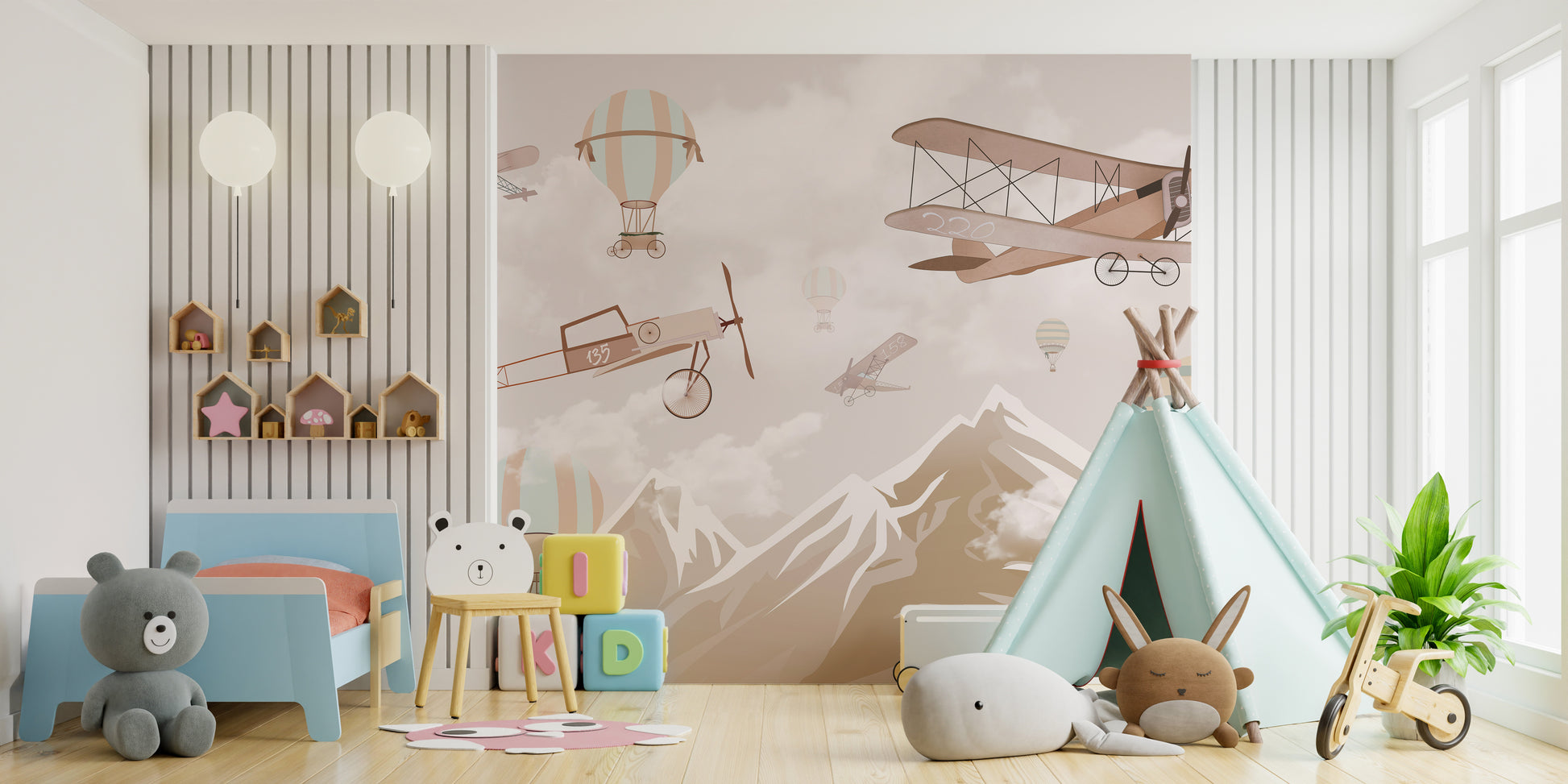 Dreamy mountain mural with aerial views for tranquil interiors.
