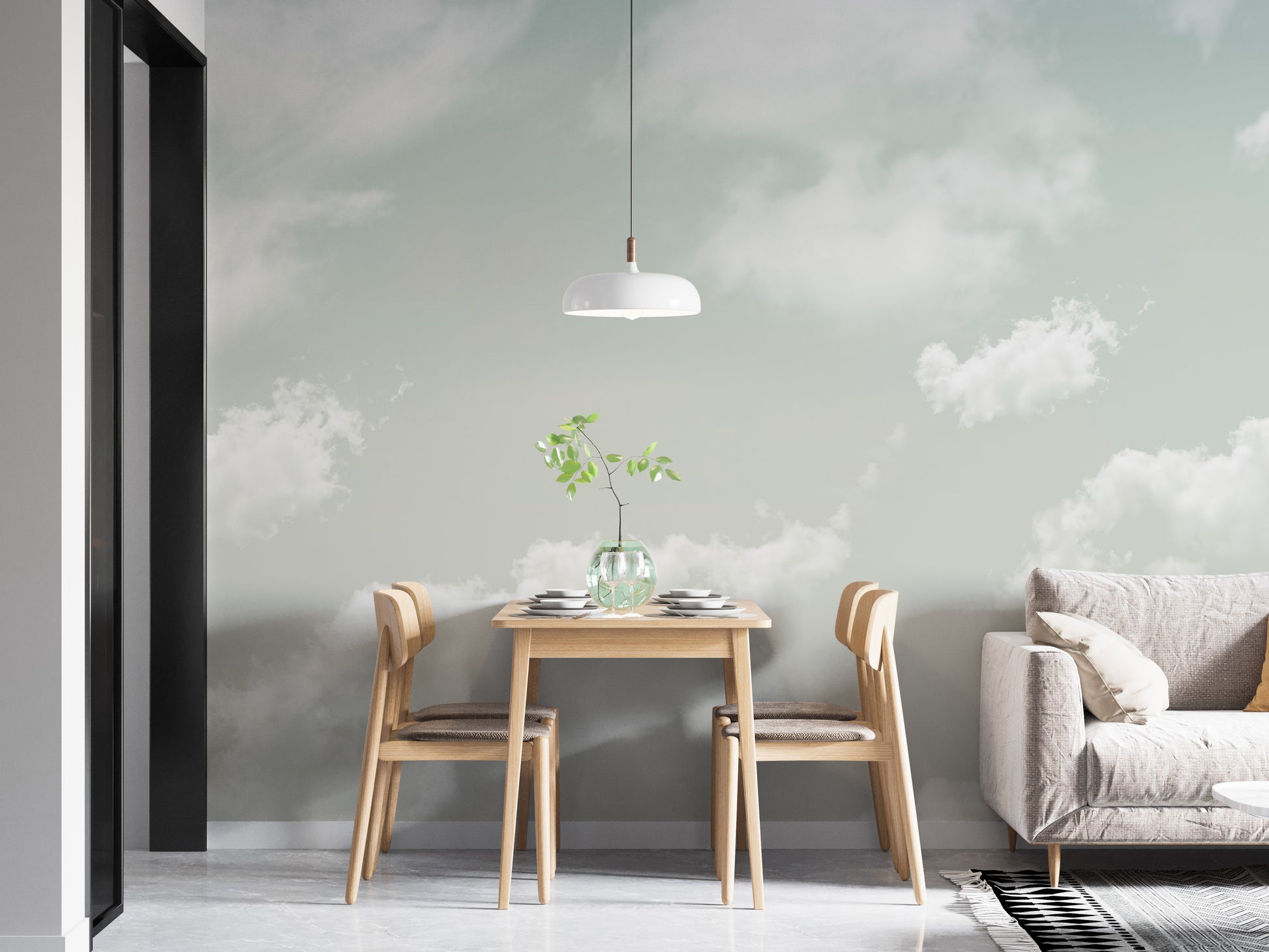 Heavenly horizons mural with soft hues for calming ambiance.
