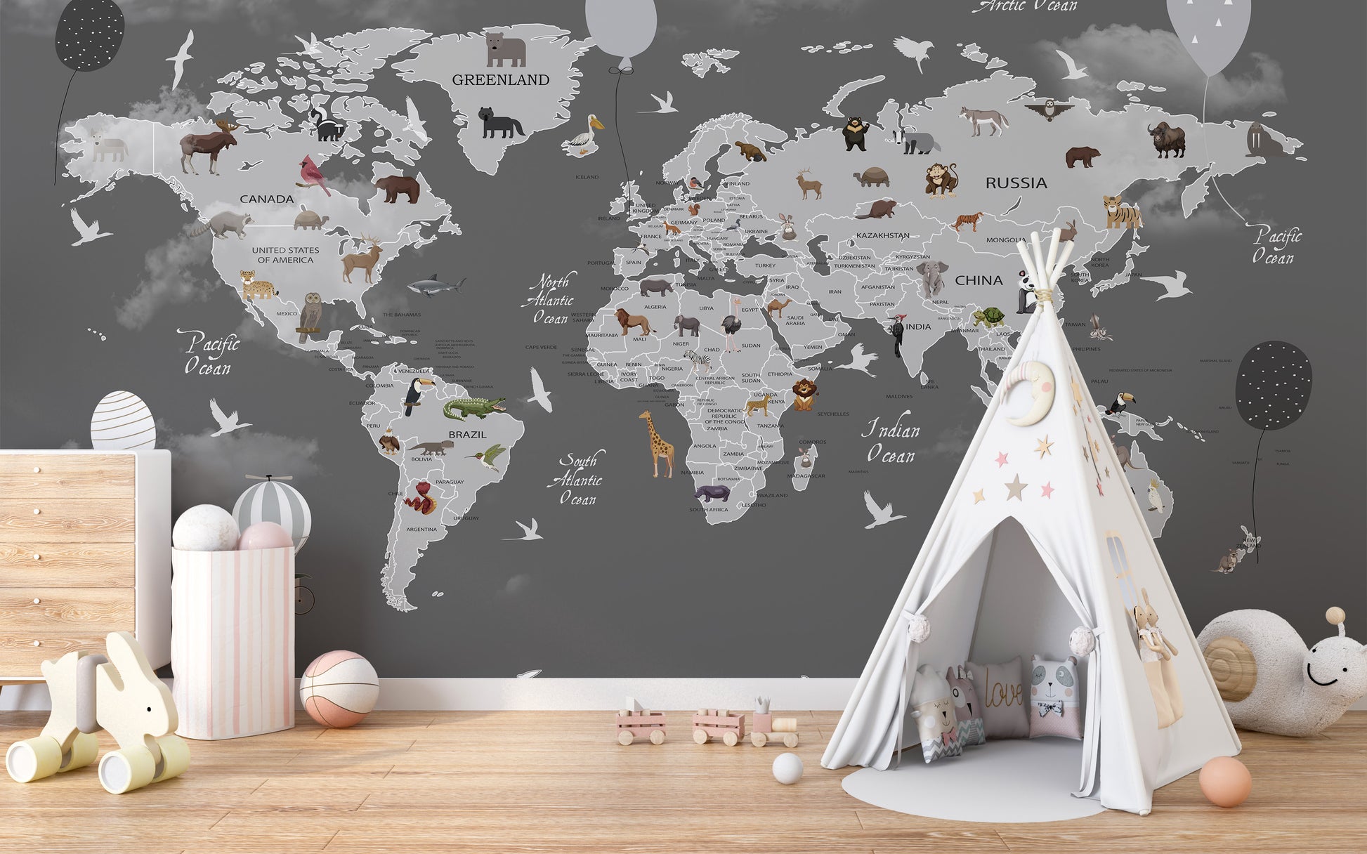 Animals world map mural for kids' educational and playful decor.
