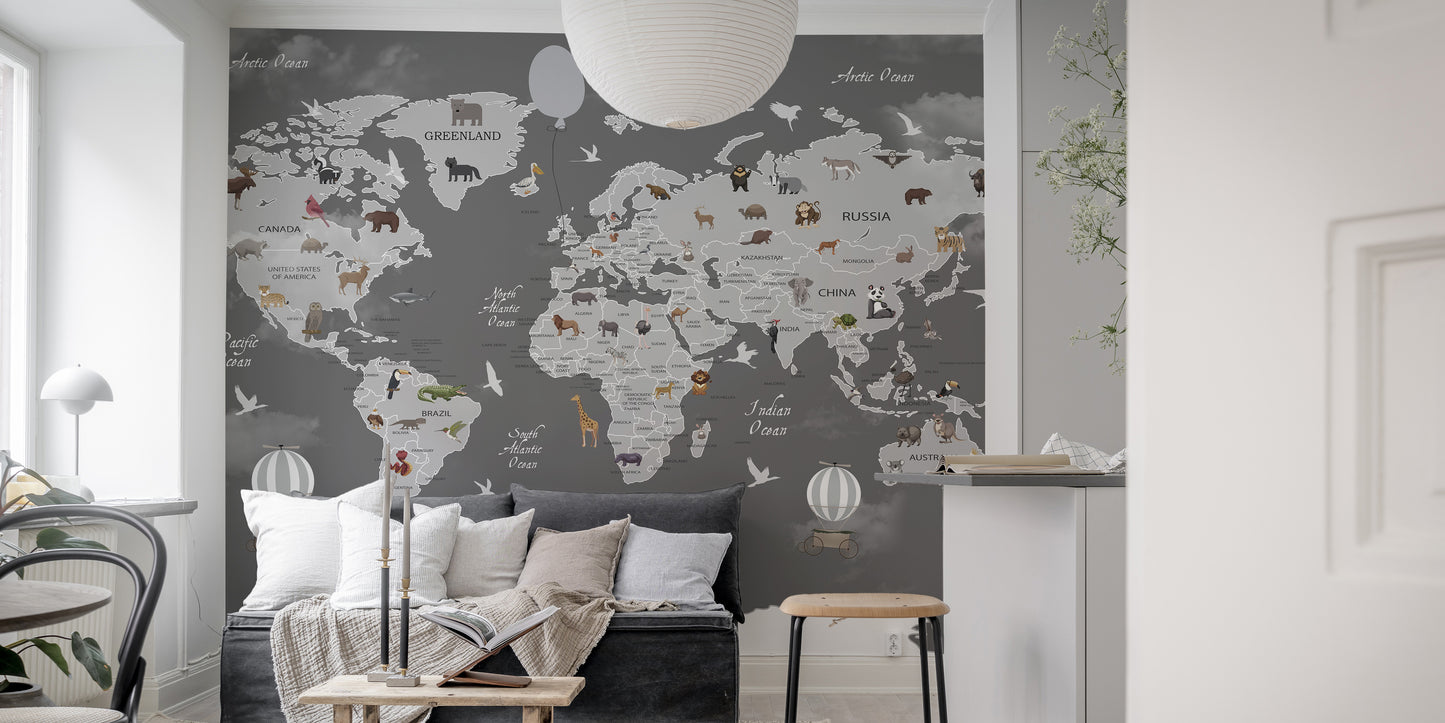 World map mural with vibrant animals for playful kids' rooms.



