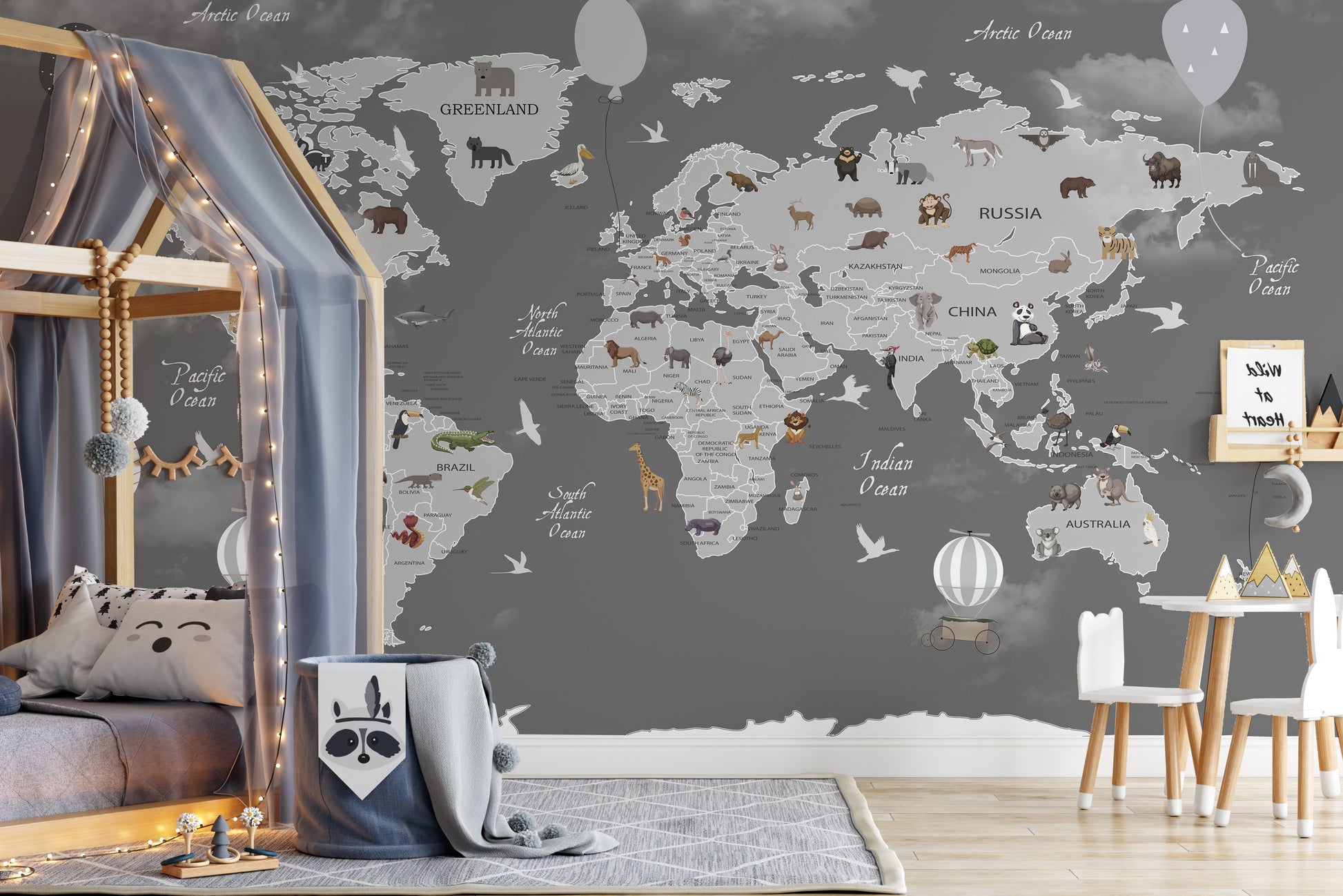 Artistic animals world map mural for imaginative wall decor.
