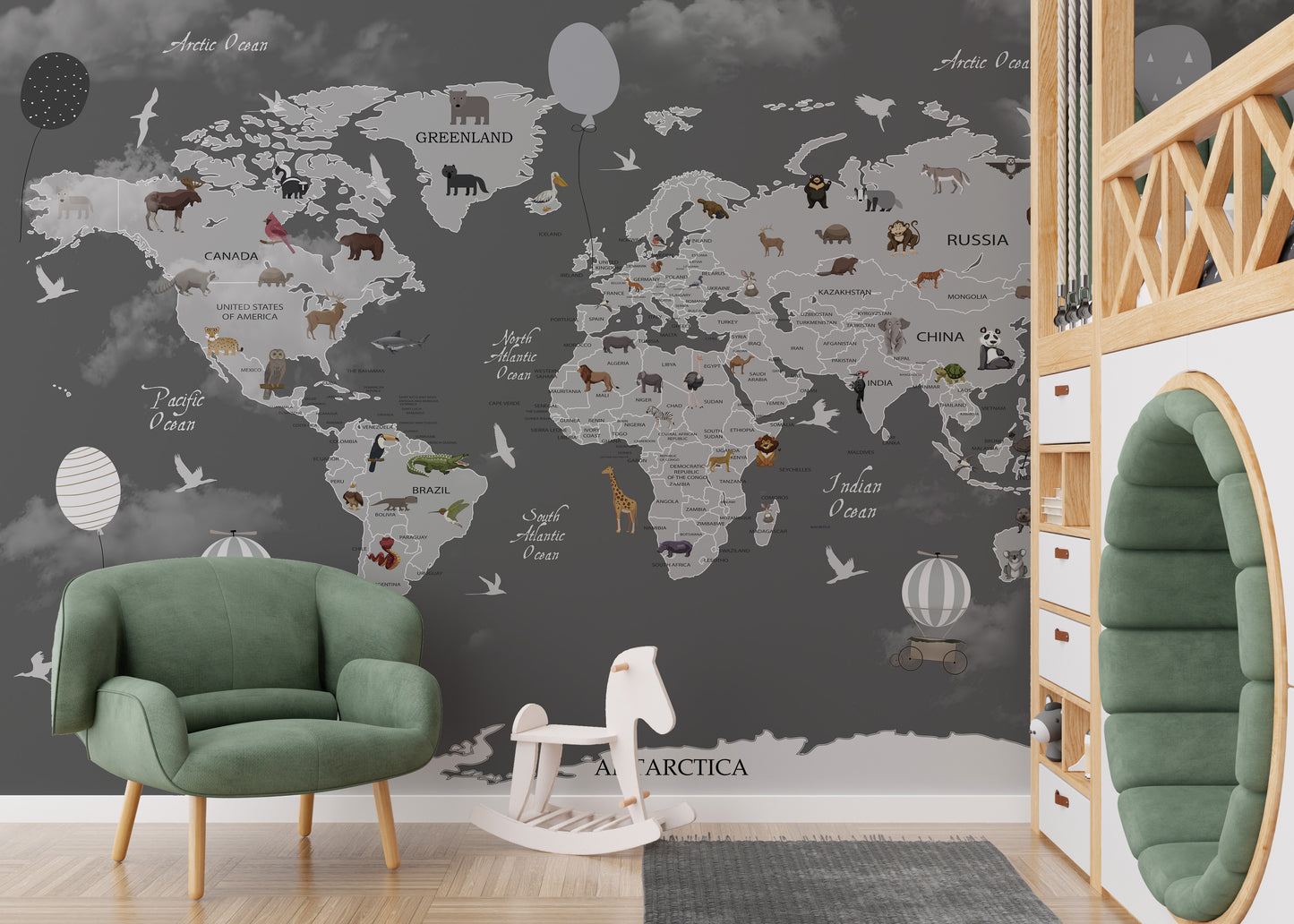 Animals world map wallpaper mural for lively kids' room decor.
