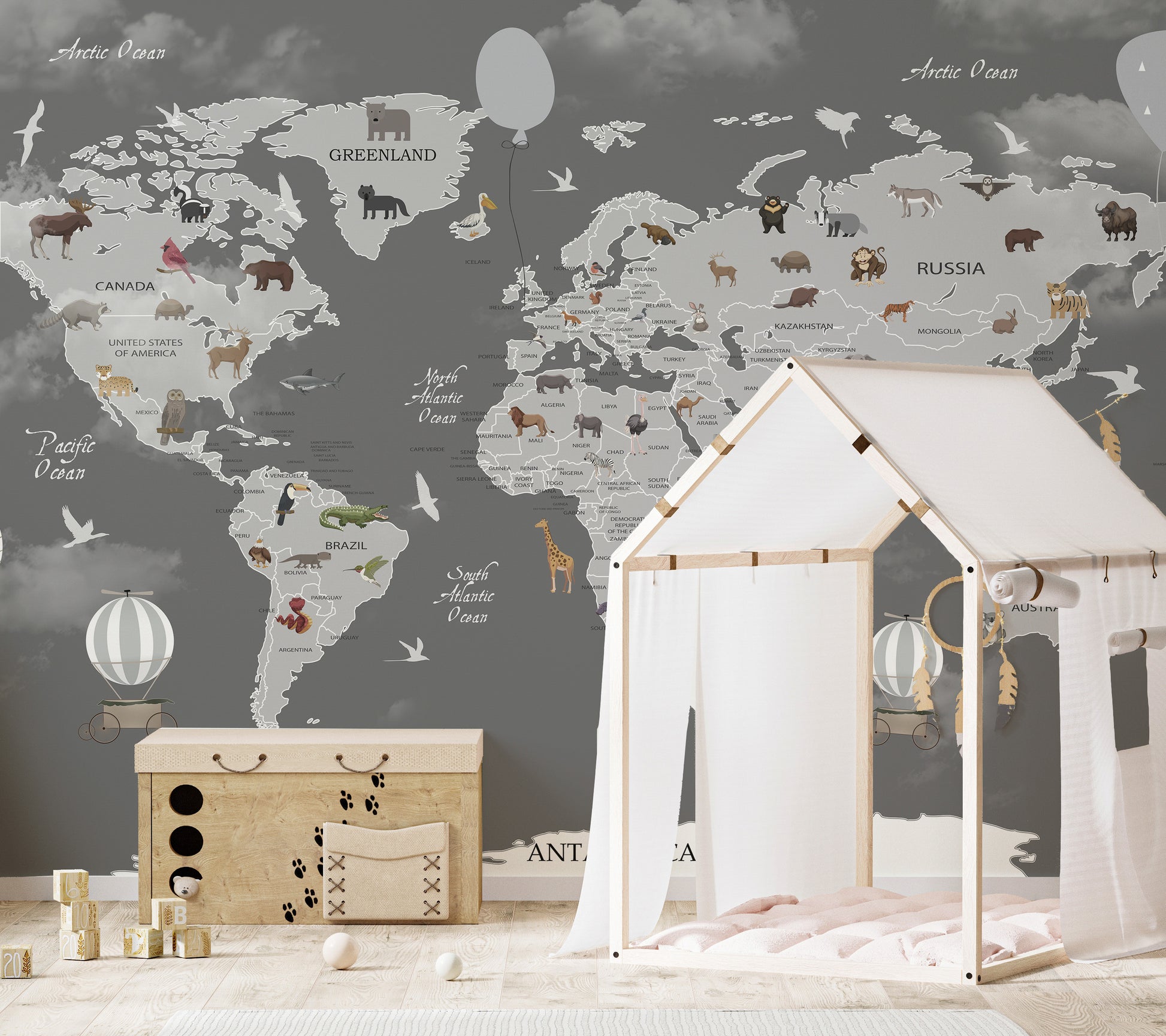 Educational animals world map mural for kids' learning spaces.
