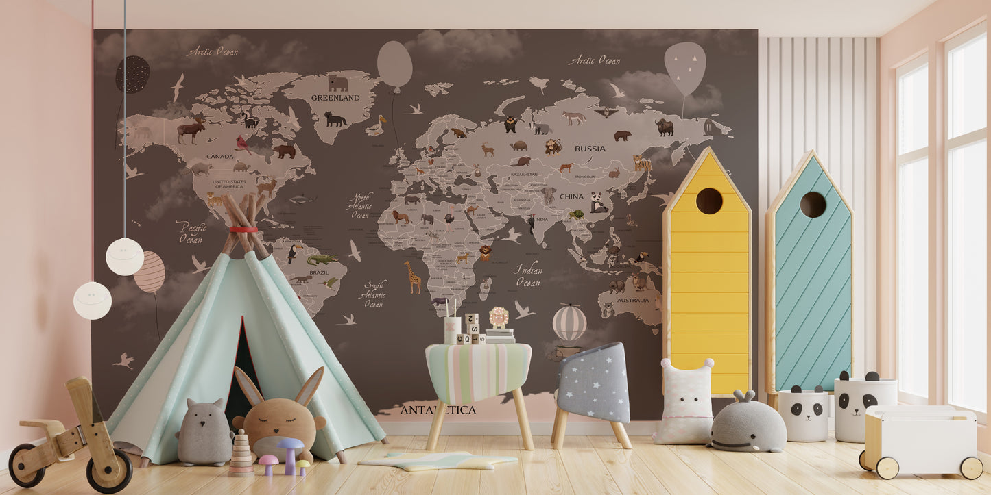 Colorful mural of animals on a world map for creative decor.
