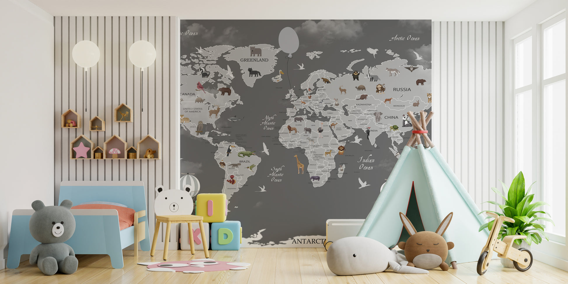 Animals-themed world map mural for vibrant kids' room walls.
