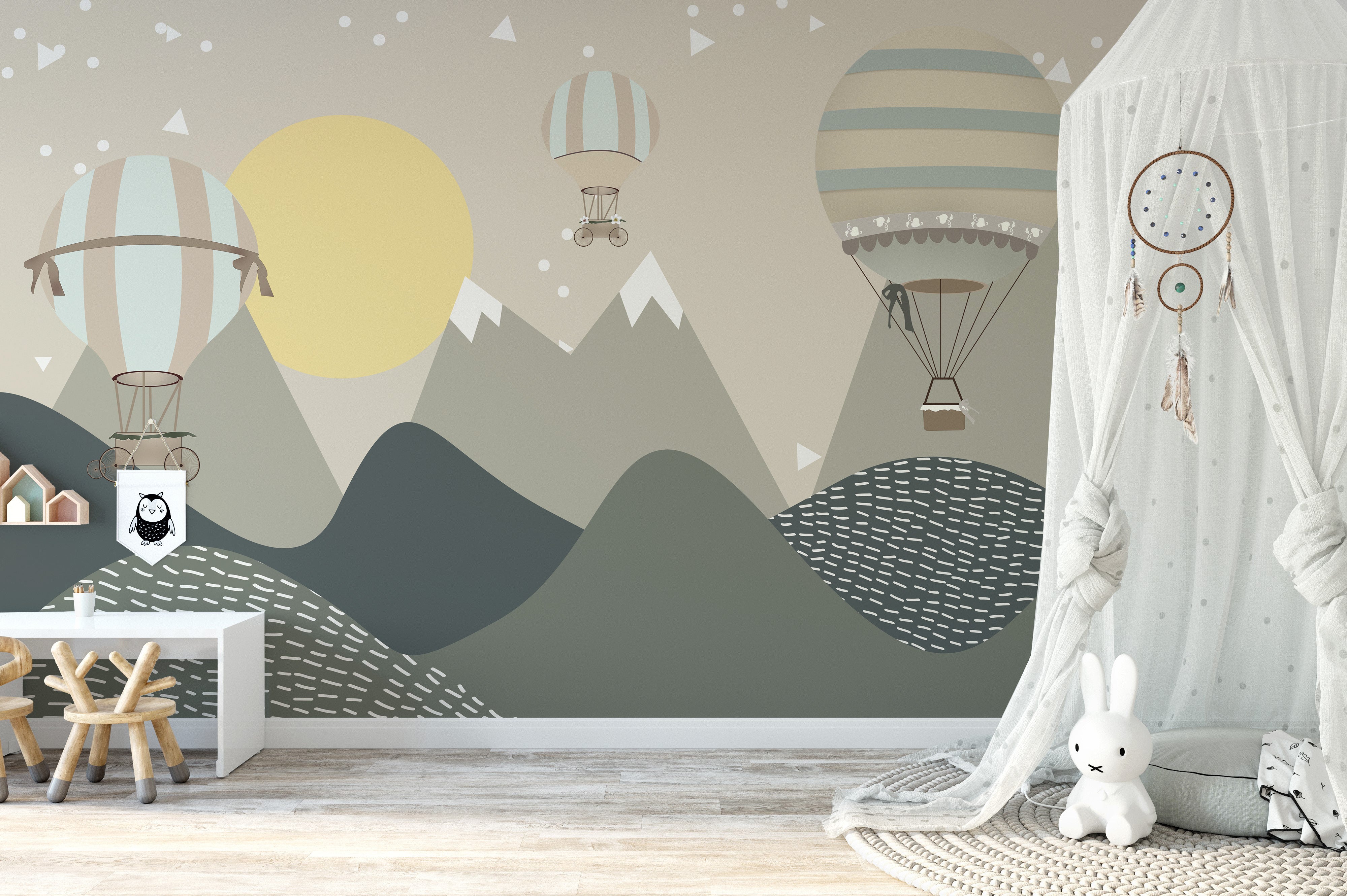 Moonlit balloon adventure mural for vibrant and creative spaces.
