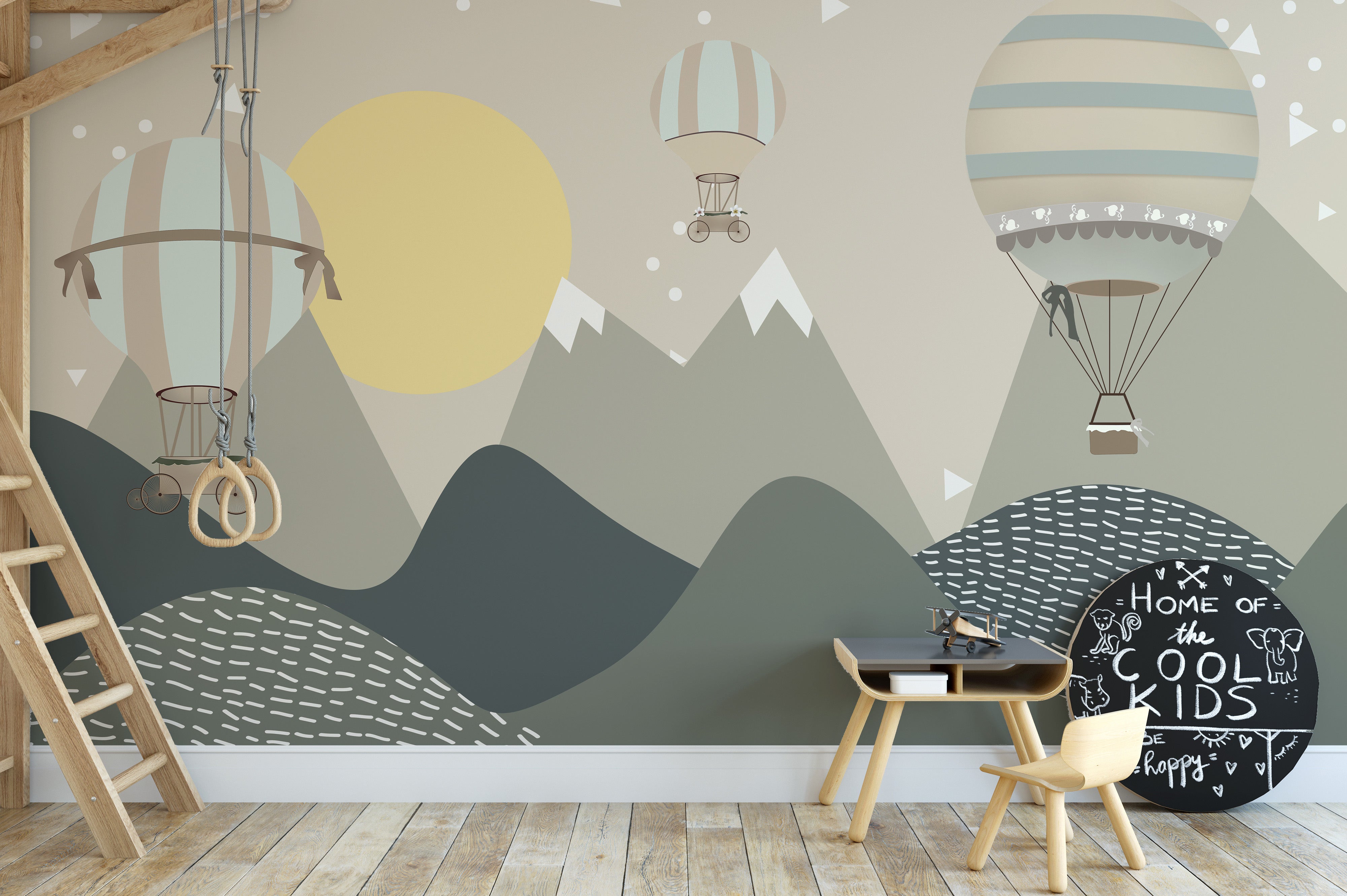 Artistic moonbeam and balloon mural for imaginative interiors.
