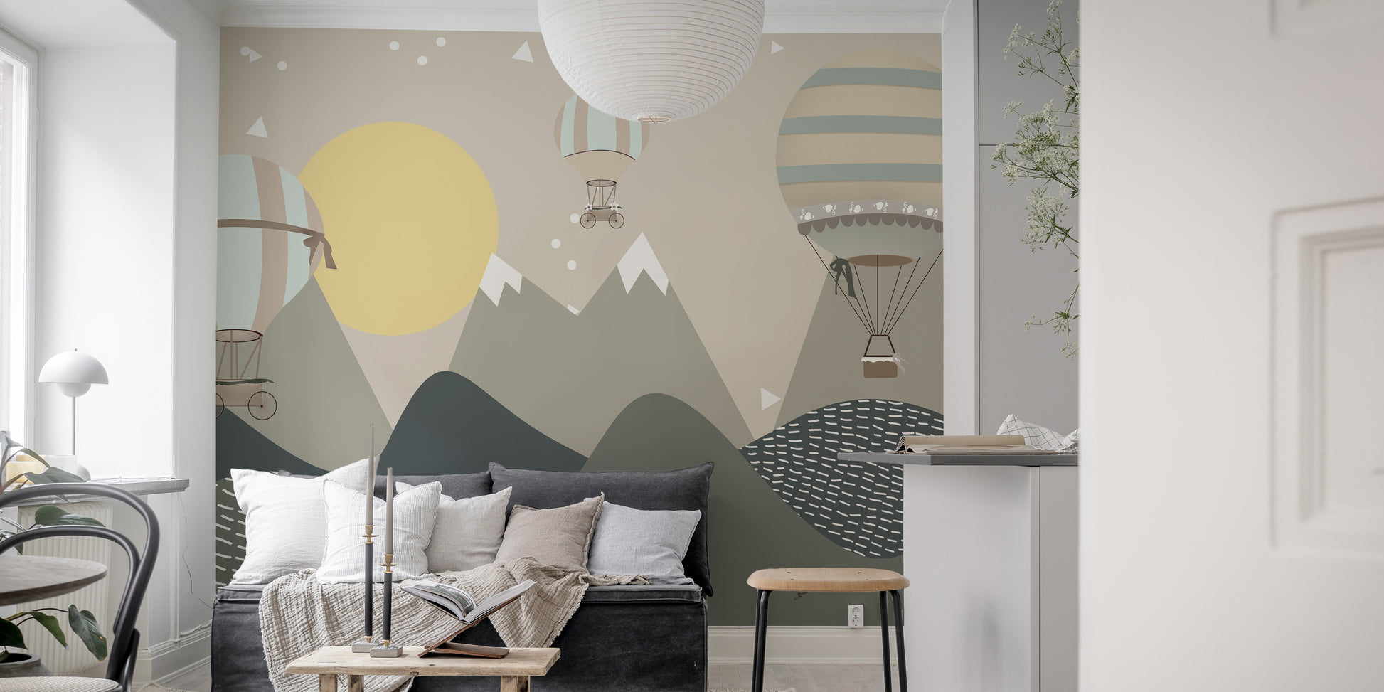 Hot air balloons in moonlight mural for a serene wall aesthetic.
