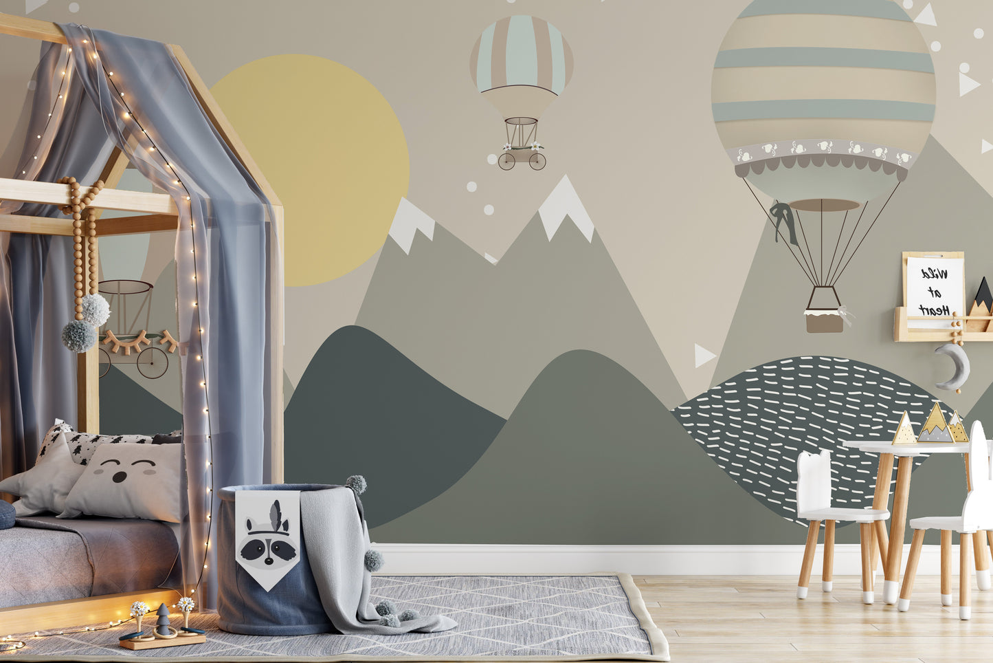 Moonbeam balloon mural for enchanting and dreamy wall decor.
