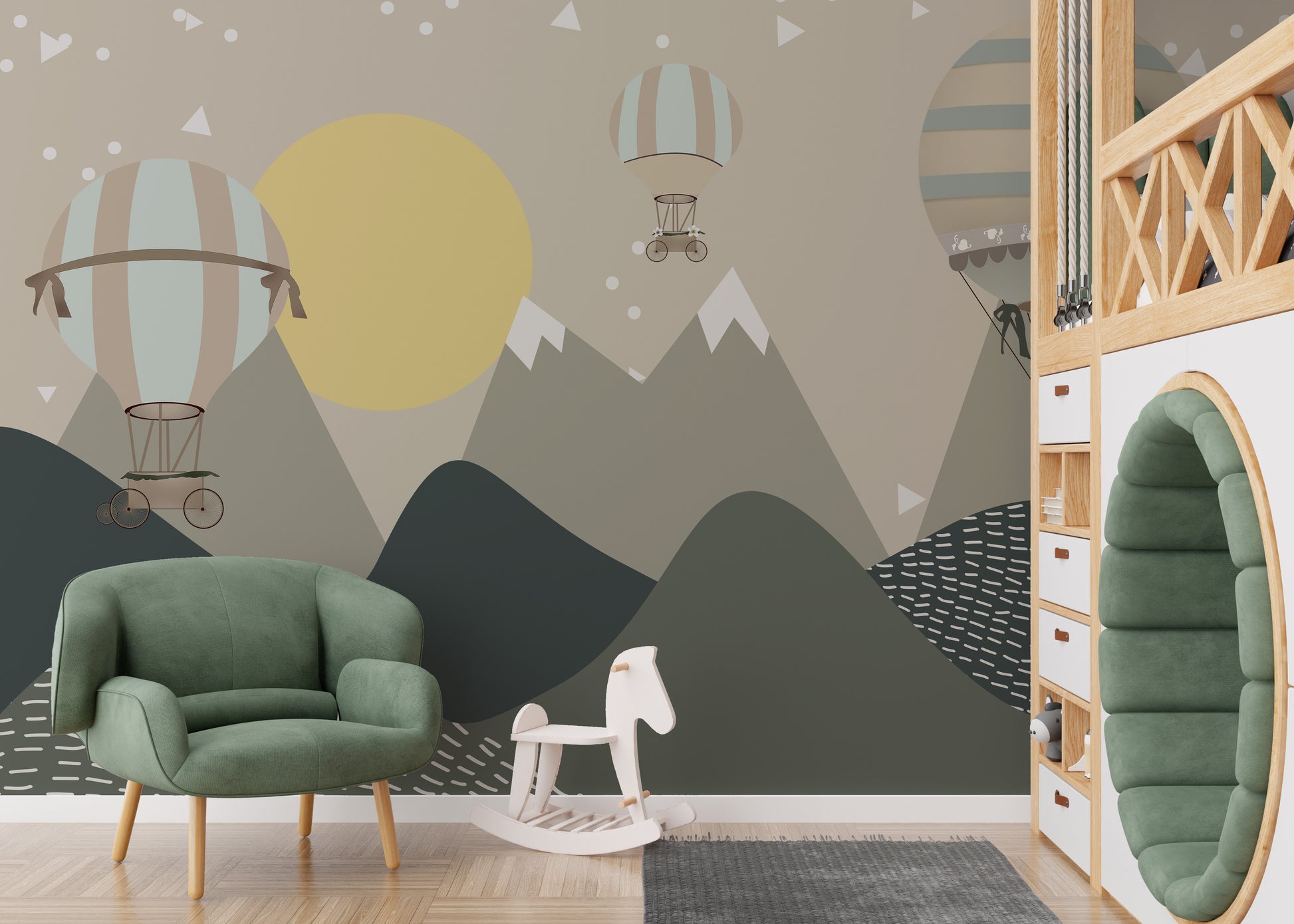 Whimsical mural featuring balloons and moonbeams for kids' rooms.
