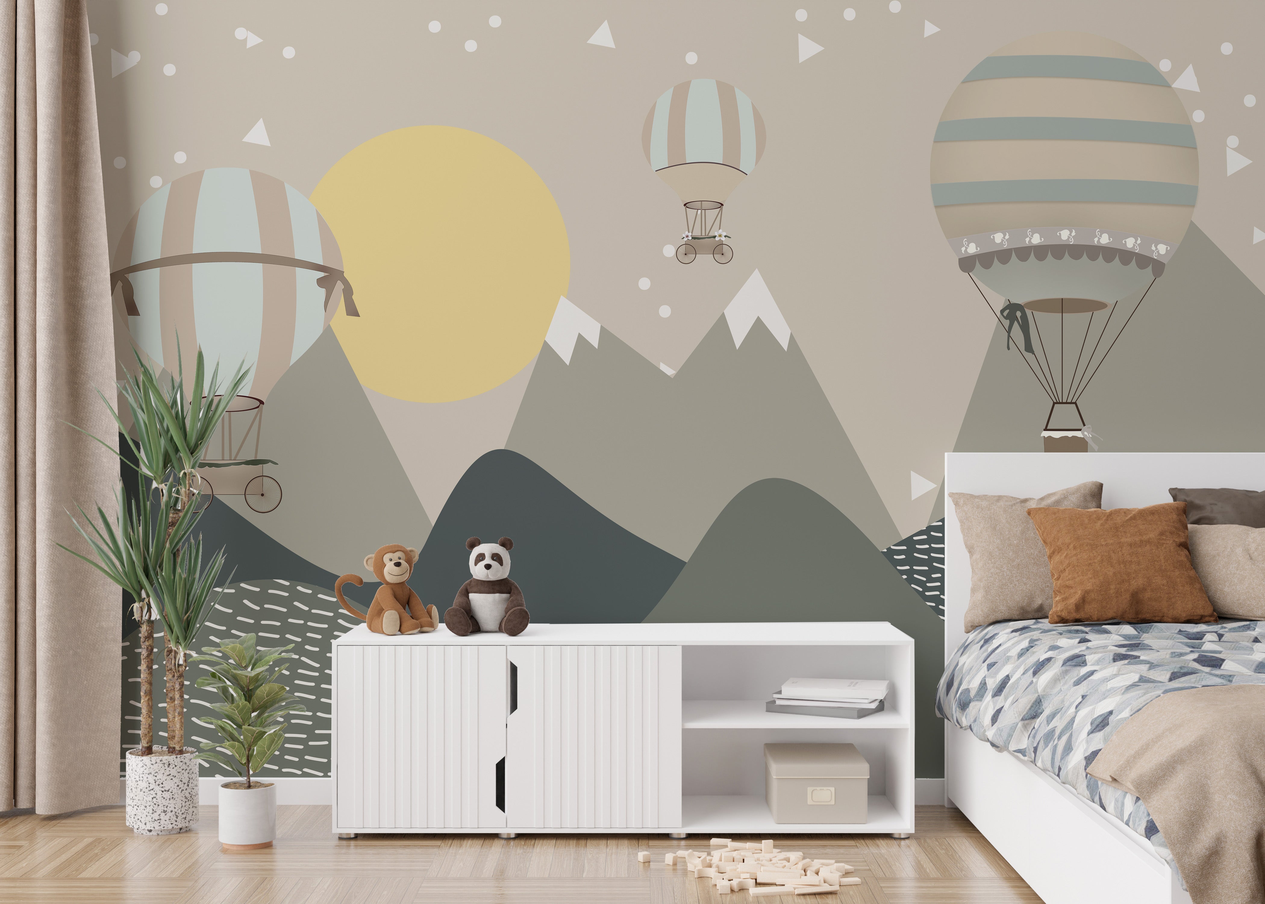 Moonbeam mural with hot air balloons for magical interiors.
