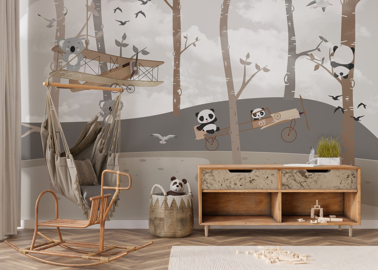 Panda and koala aviator mural for playful kids' room decor.
