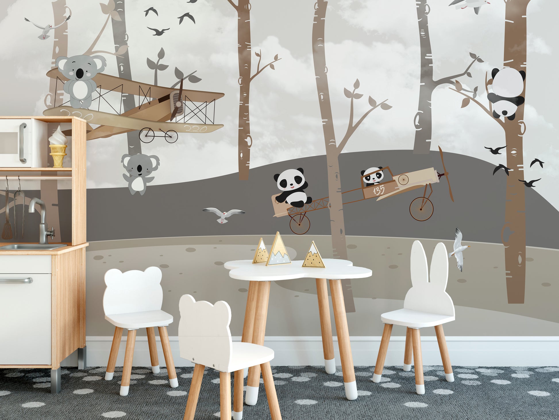 Playful aviator panda and koala mural for cheerful wall decor.
