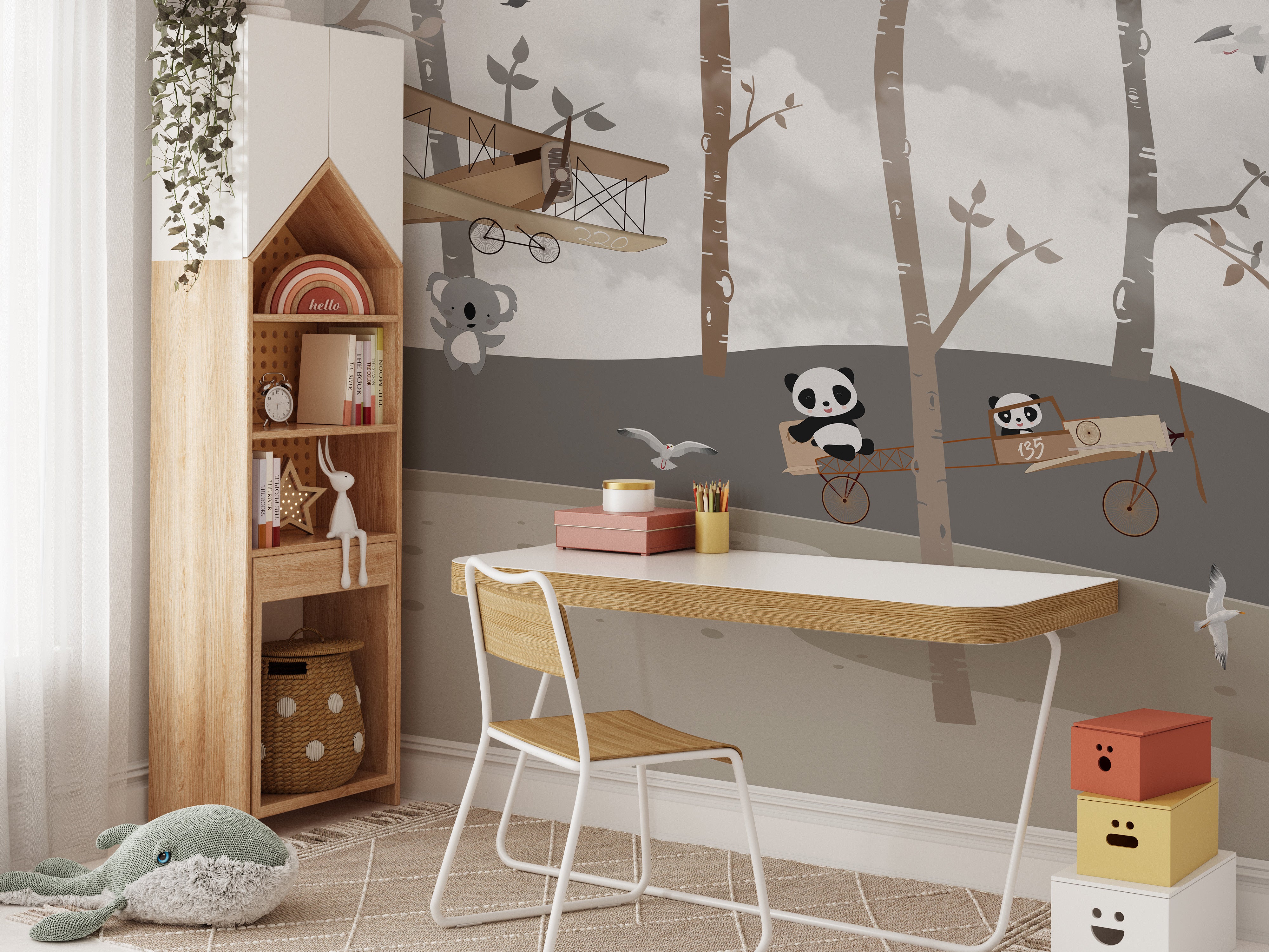 Whimsical mural with panda and koala aviators for kids' spaces.
