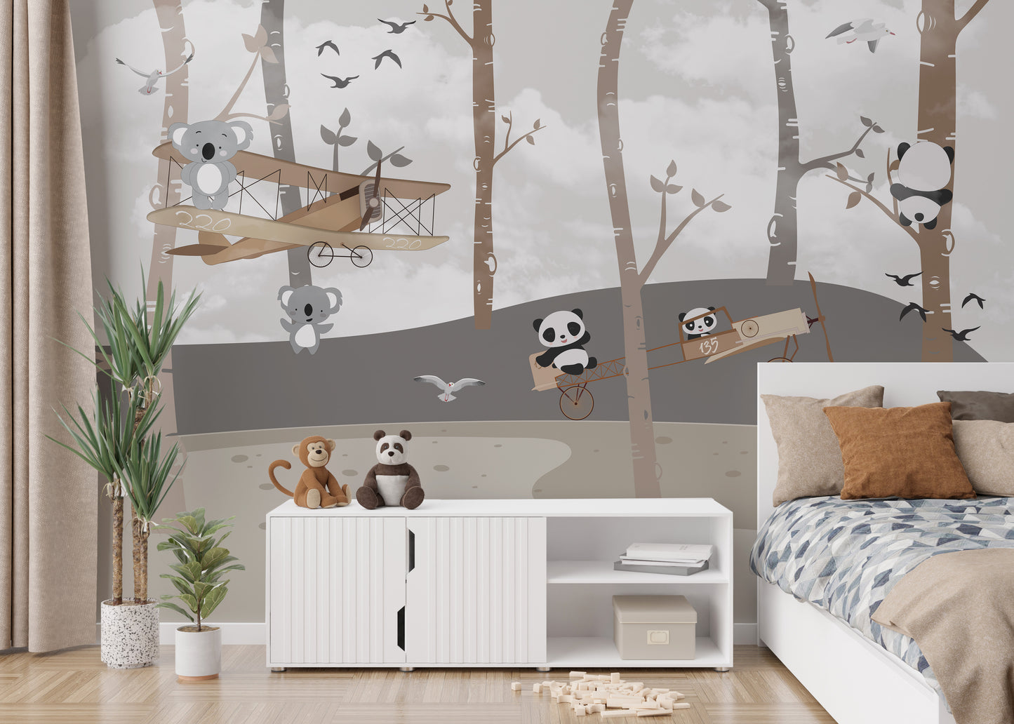 Aviator panda and koala explorers mural for imaginative walls.
