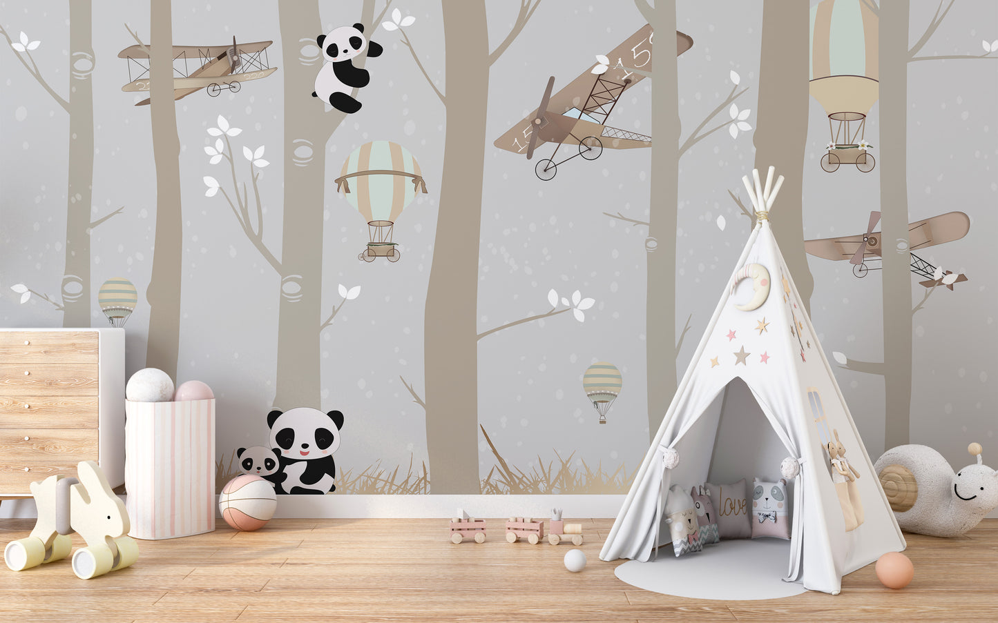 Airborne panda mural blending nature and whimsy for decor.



