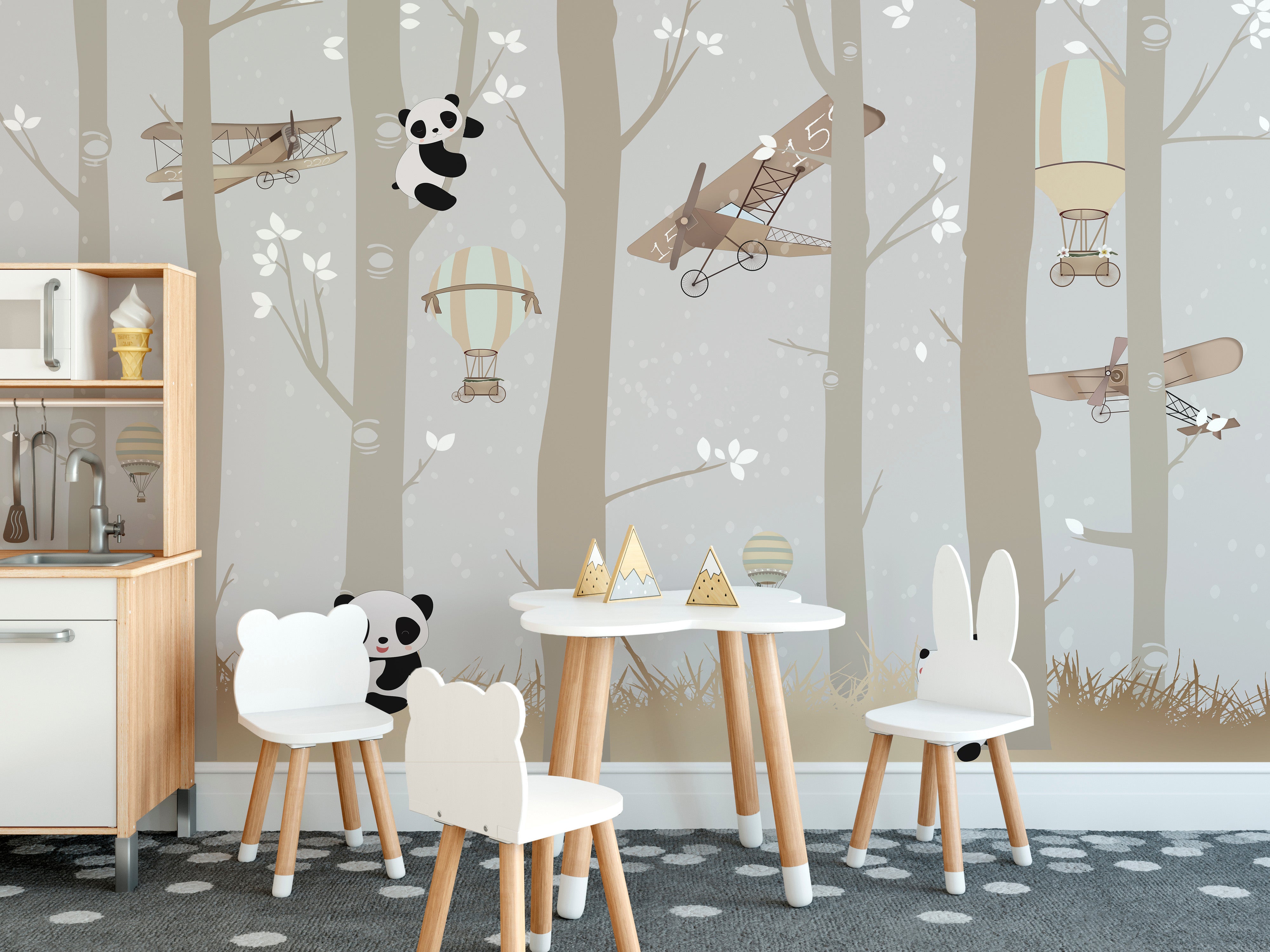 Playful mural featuring pandas and forest delight for walls.
