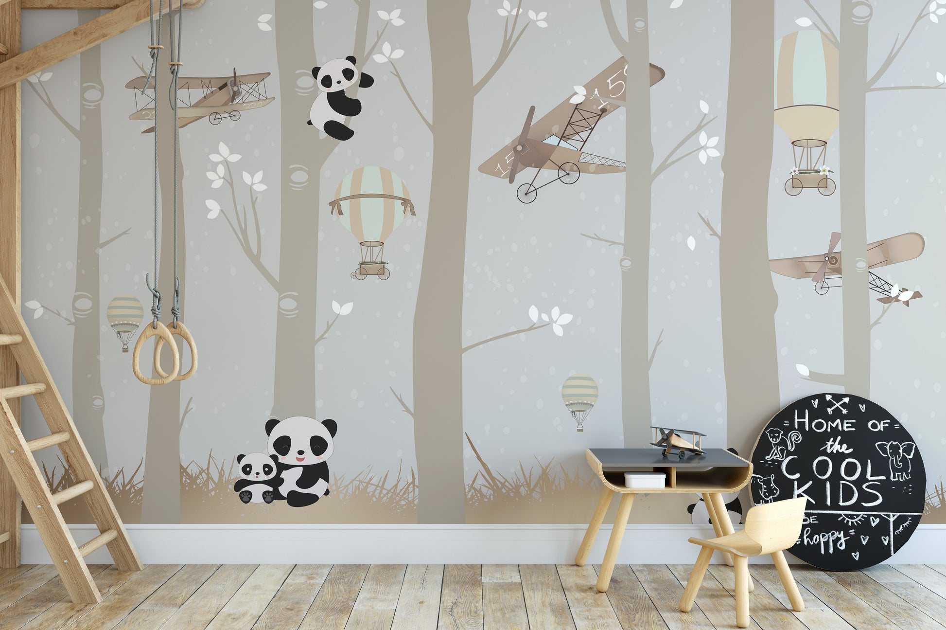 Fun mural of pandas flying over a serene forest setting.
