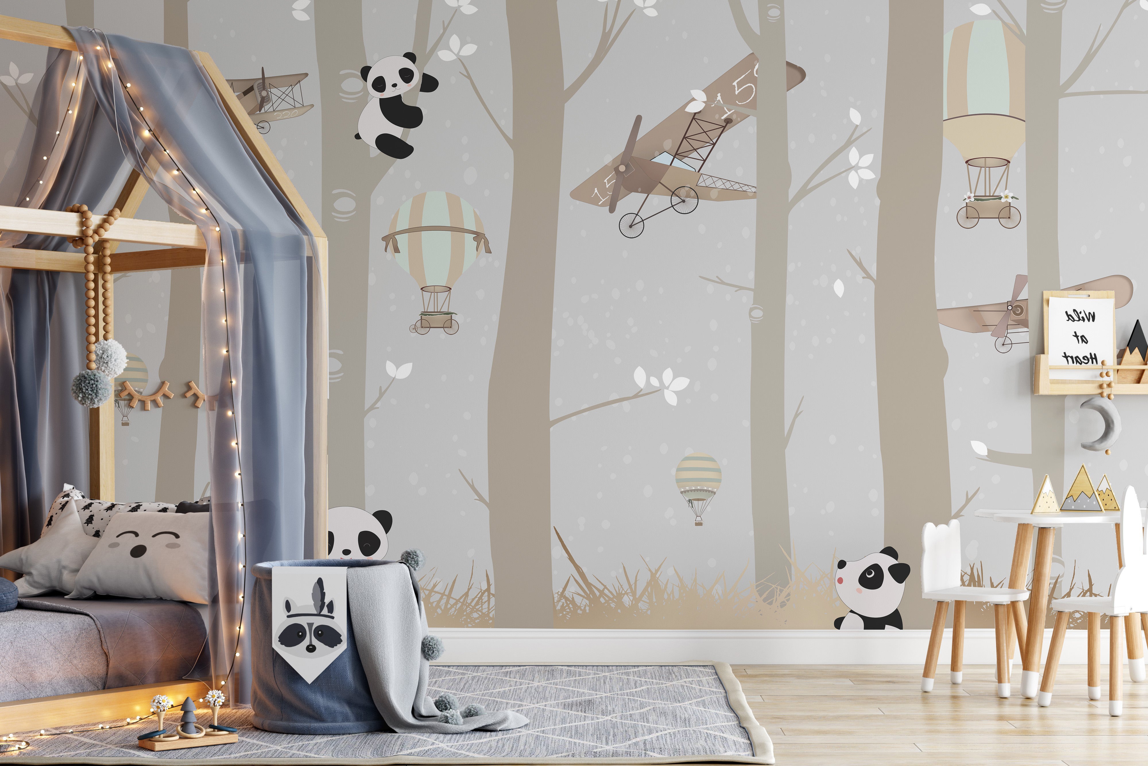 Airborne panda mural with a delightful forest landscape.
