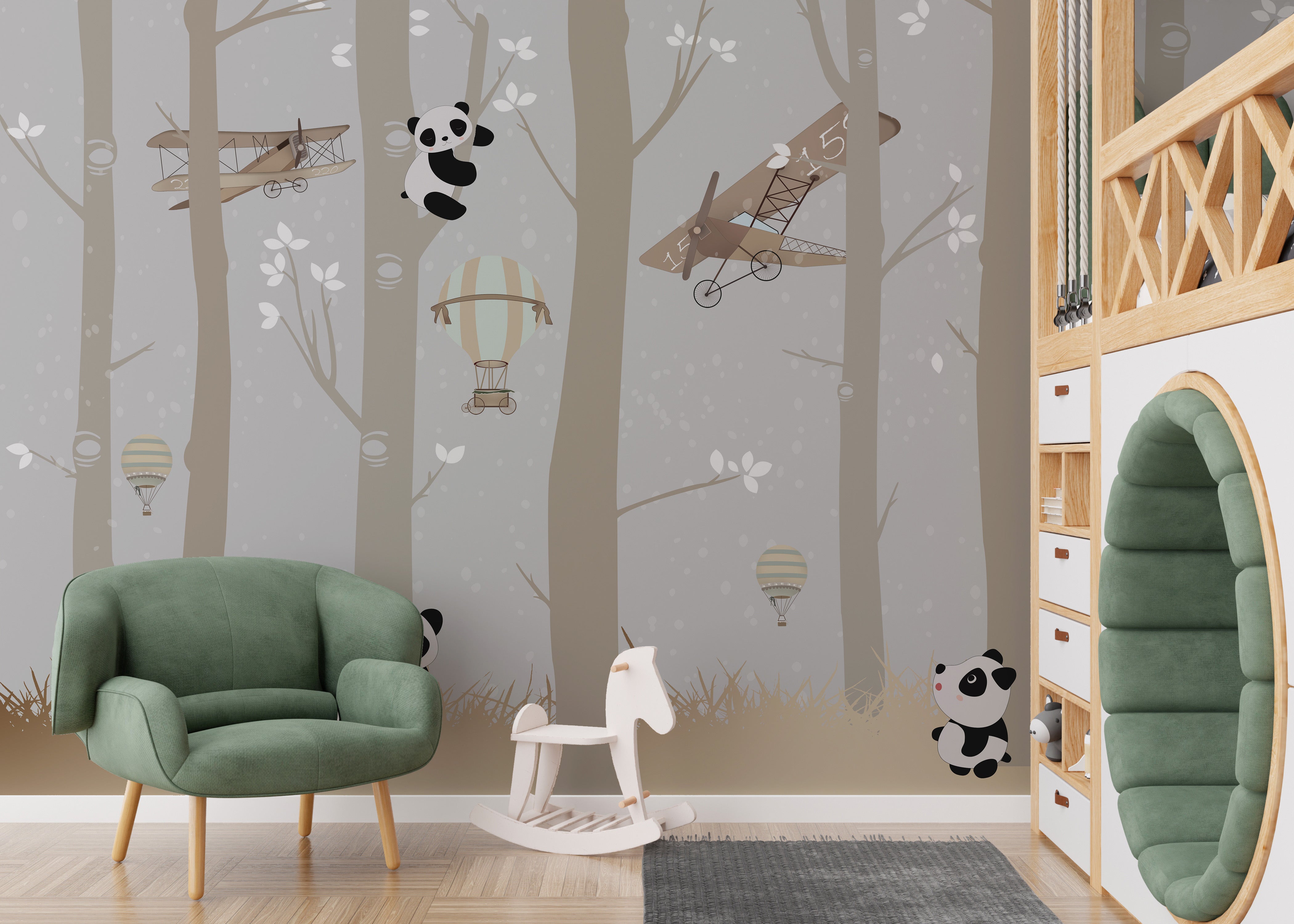 Whimsical mural with pandas in flight and forest scenery.
