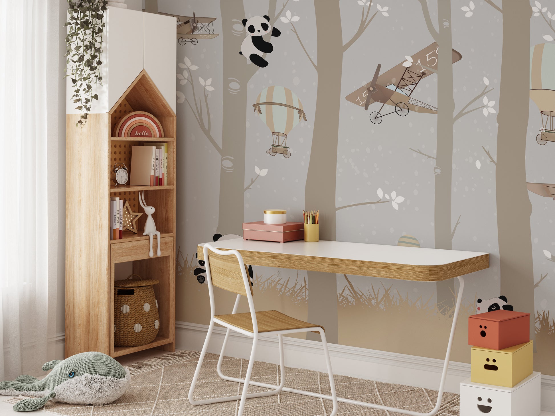 Airborne pandas and forest mural for kids' adventurous decor.
