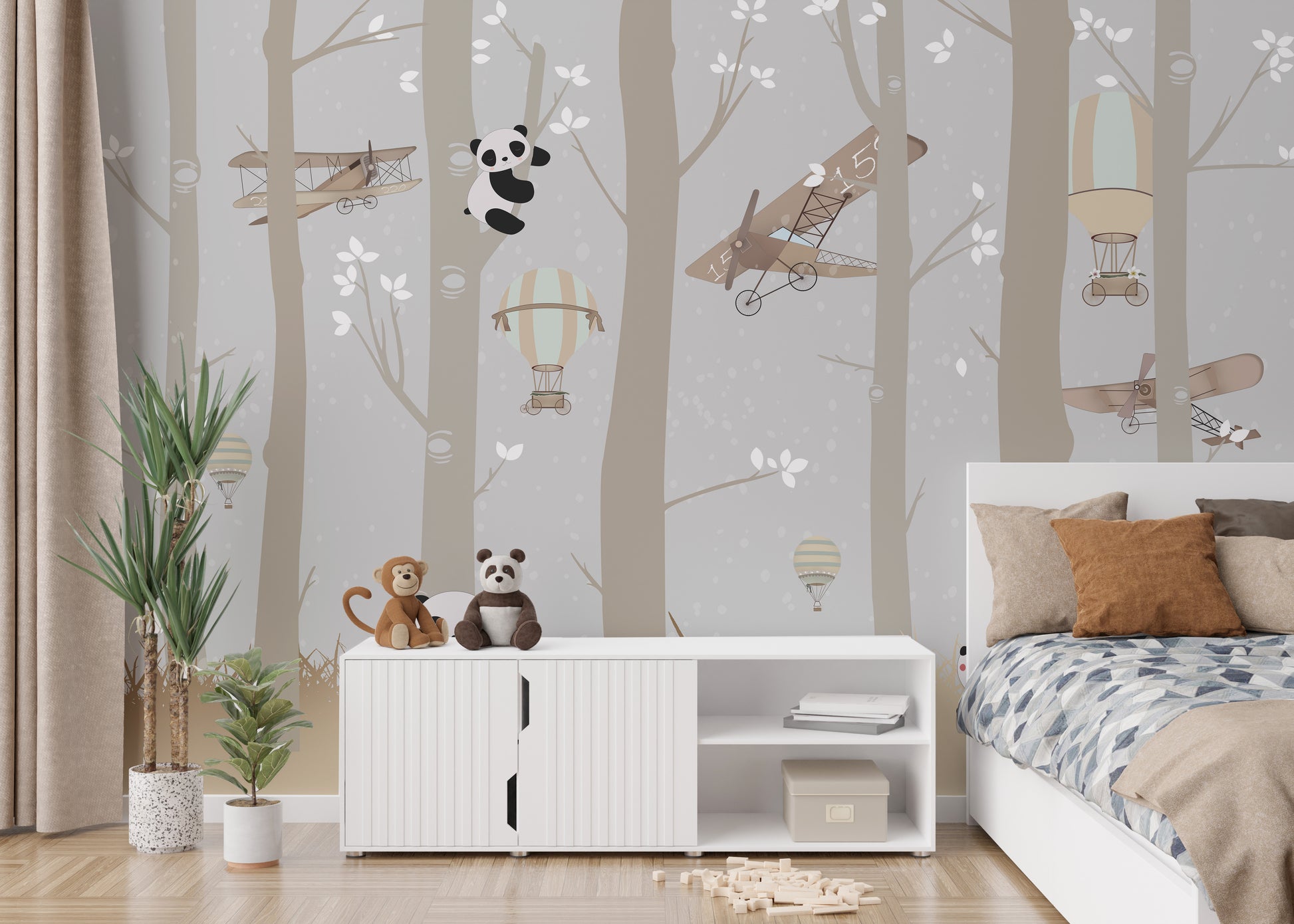 Forest-themed mural featuring flying pandas for playful walls.
