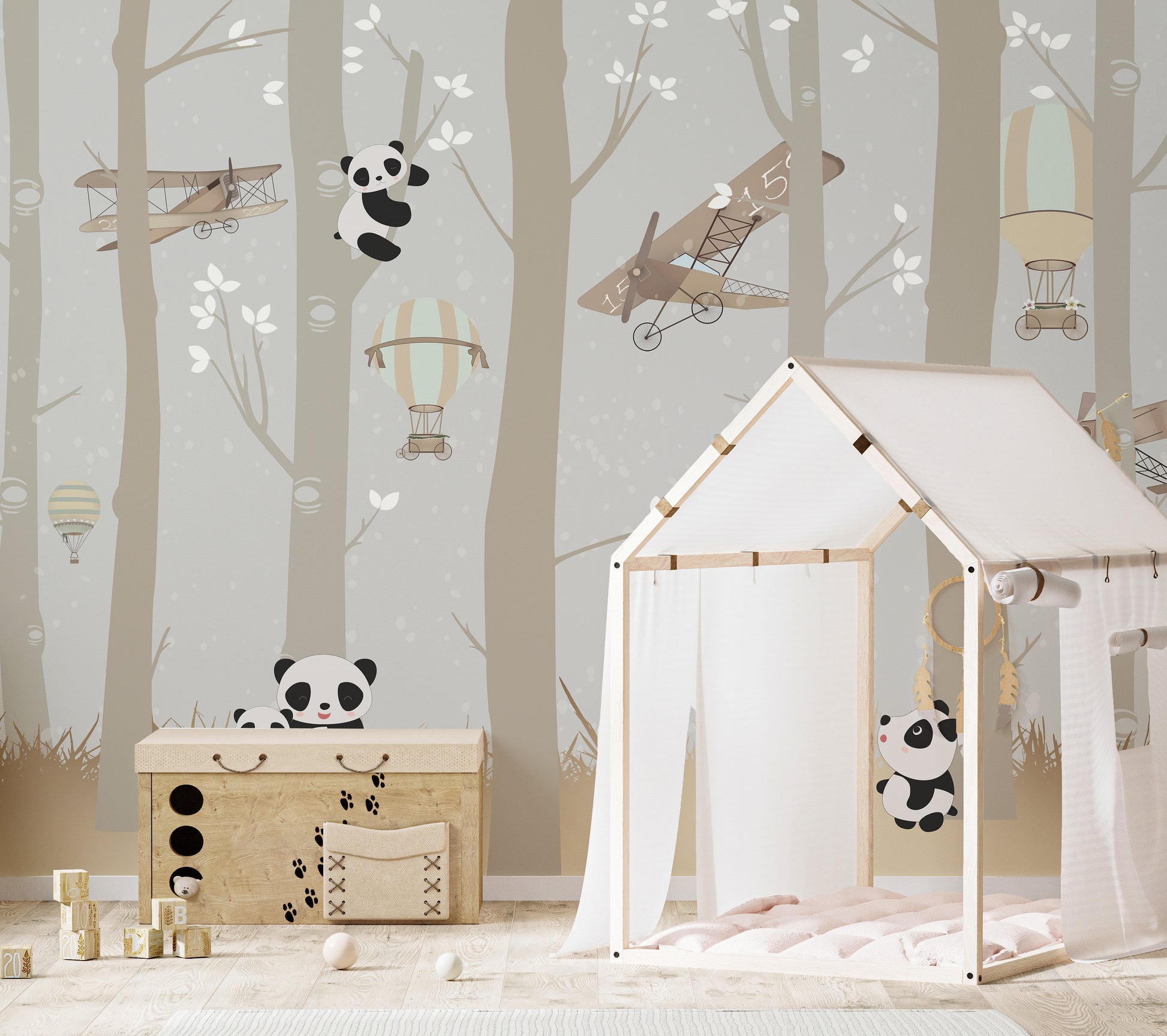 Airborne pandas mural with a whimsical forest delight backdrop.
