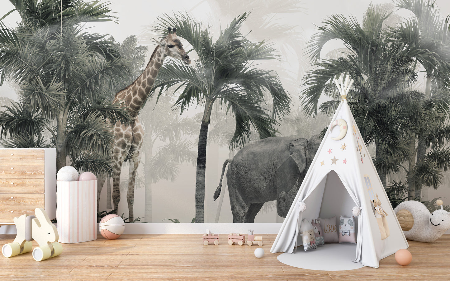 Giraffe and elephant safari mural for playful wall decor.
