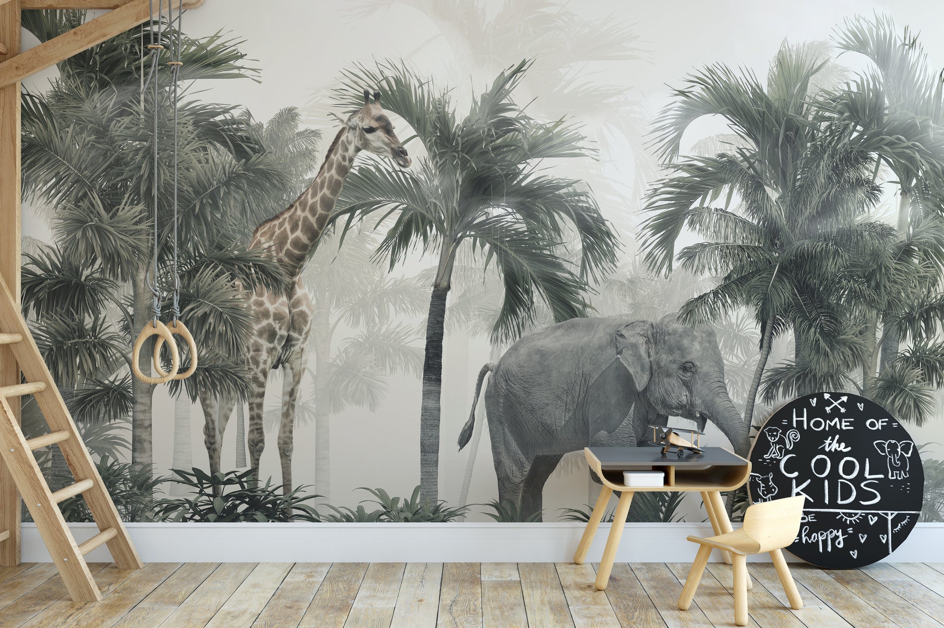 Giraffe and elephant mural capturing a lively safari adventure.
