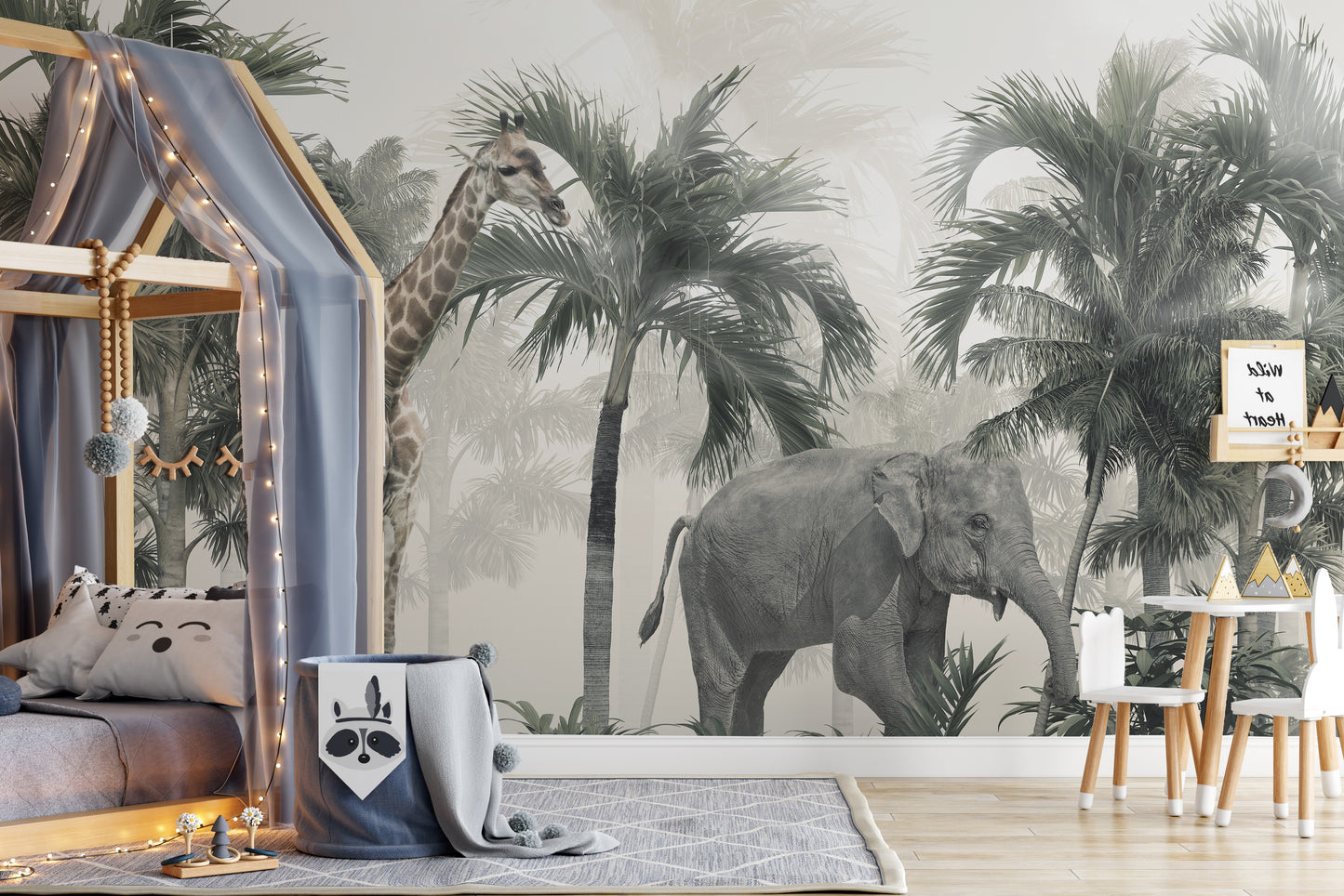 Safari adventure mural with giraffes and elephants for kids' rooms.
