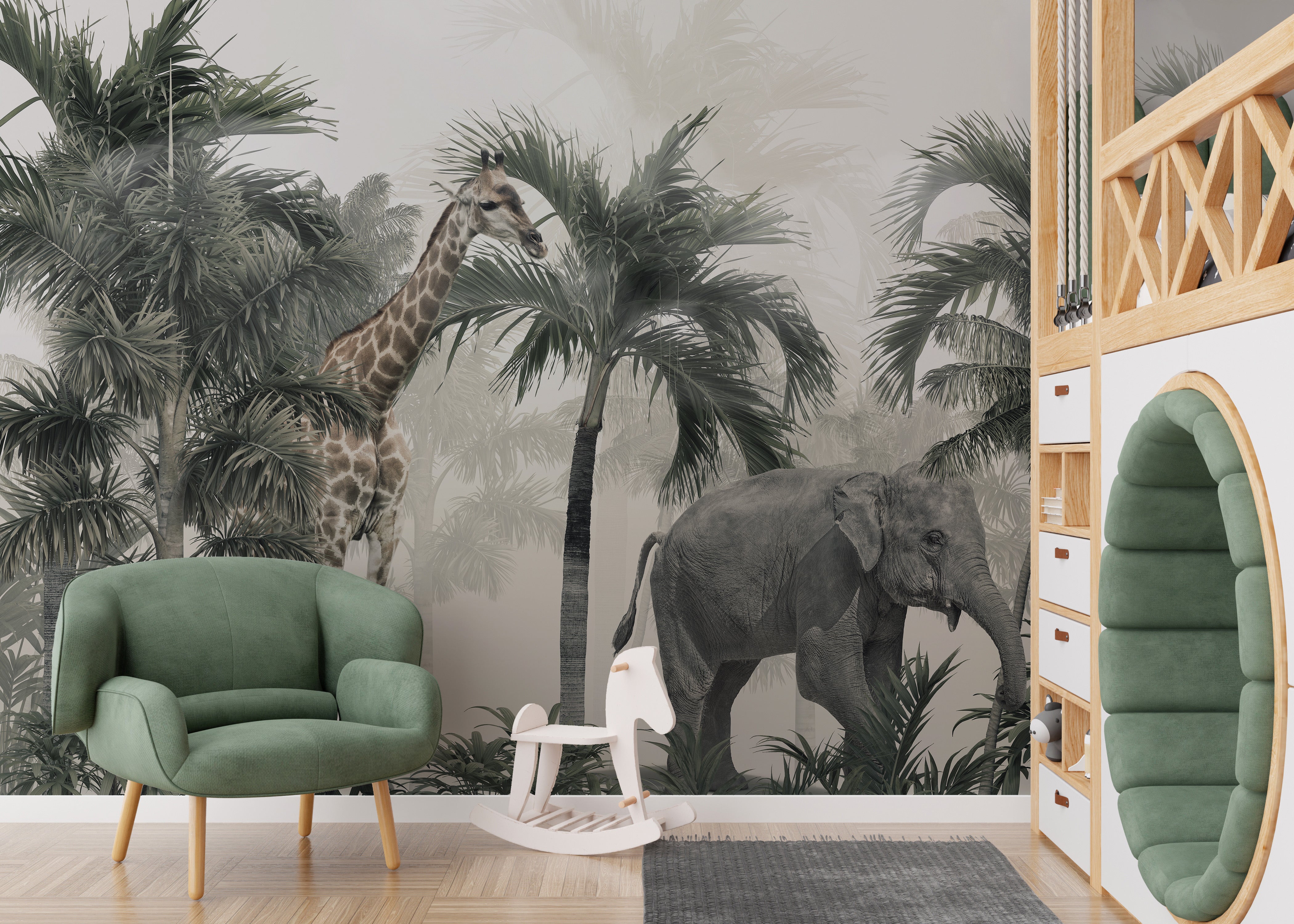 Safari mural with giraffes and elephants in a wild adventure.
