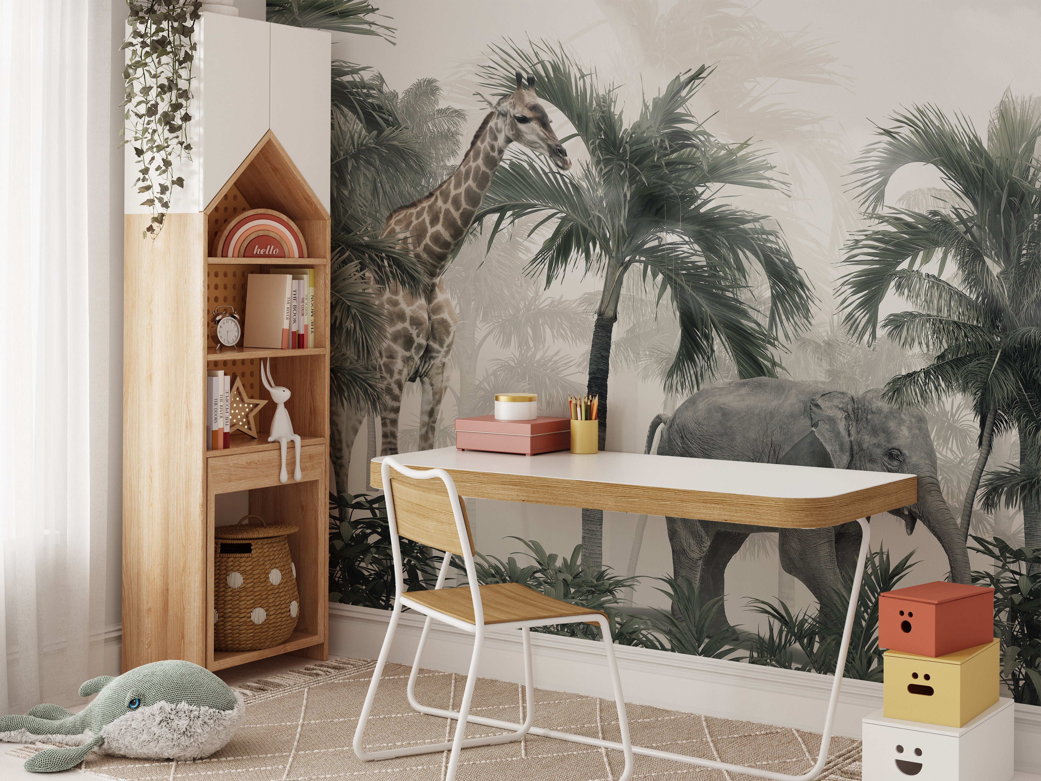 Giraffe and elephant mural for adventurous kids' room walls.
