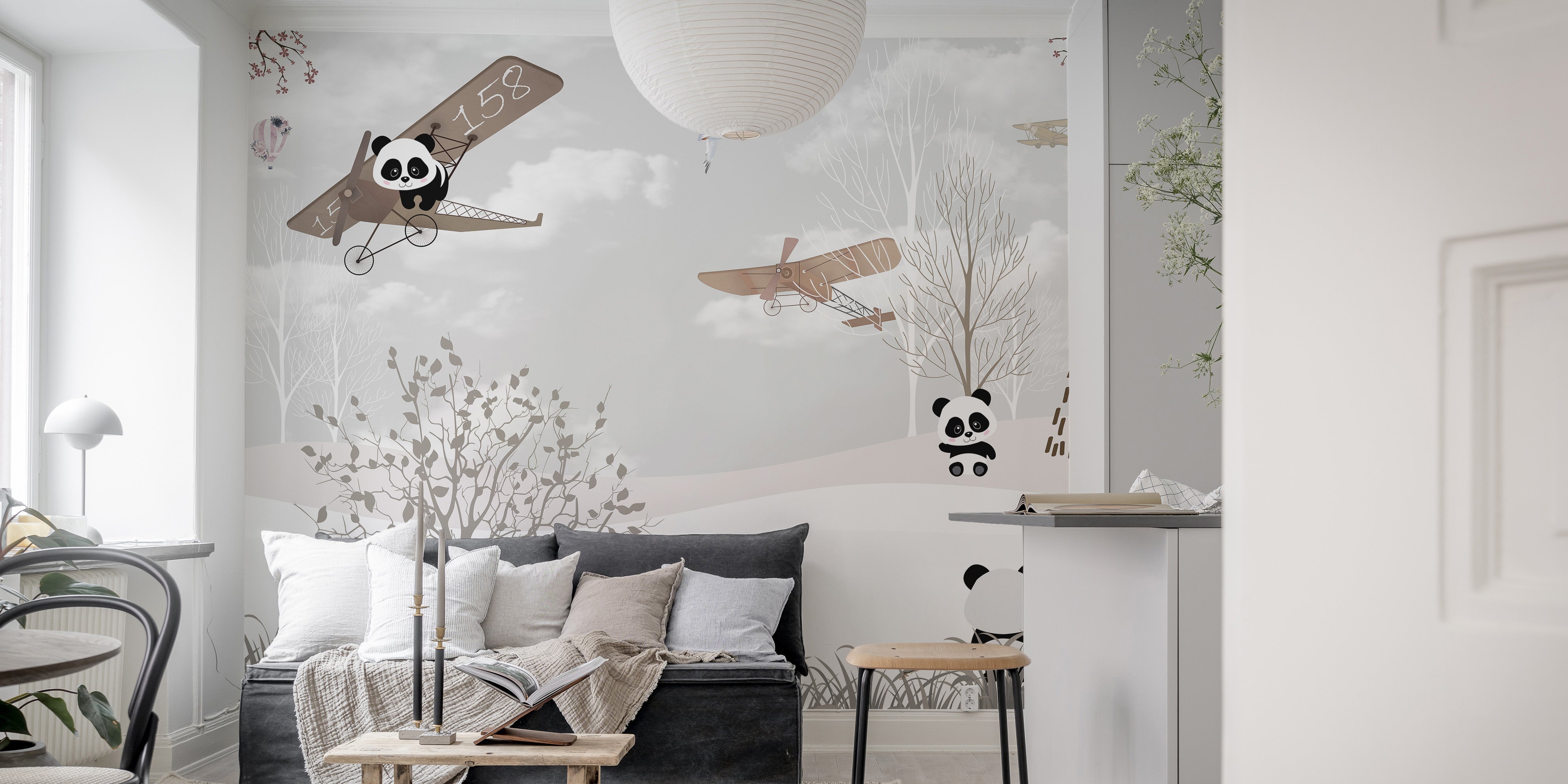 Wings of wonder mural featuring snowy pandas for magical spaces.
