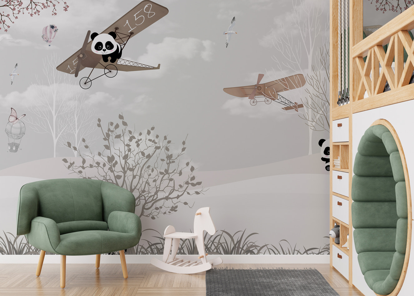 Snowy panda mural with whimsical wings of wonder for kids' walls.
