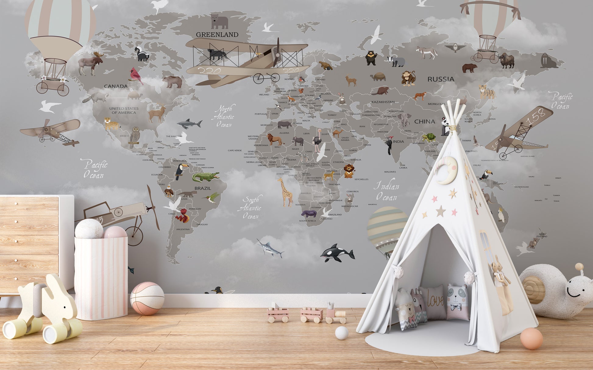 Animals aloft map mural for fun and educational kids' decor.
