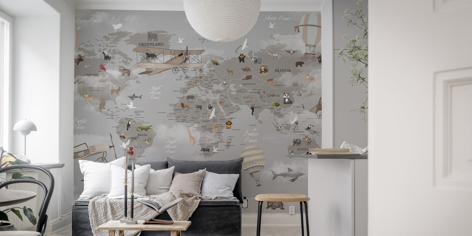 Animals aloft map mural blending fun and learning for kids.
