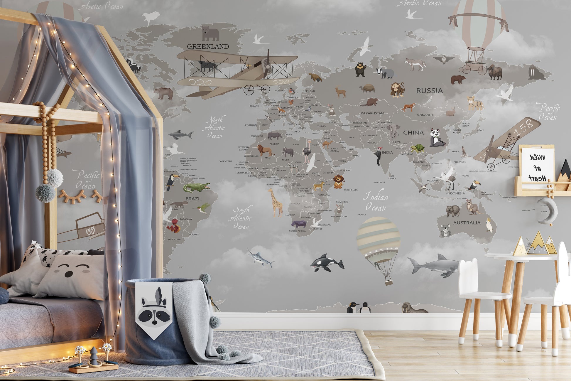 Educational animals aloft map mural for creative wall decor.
