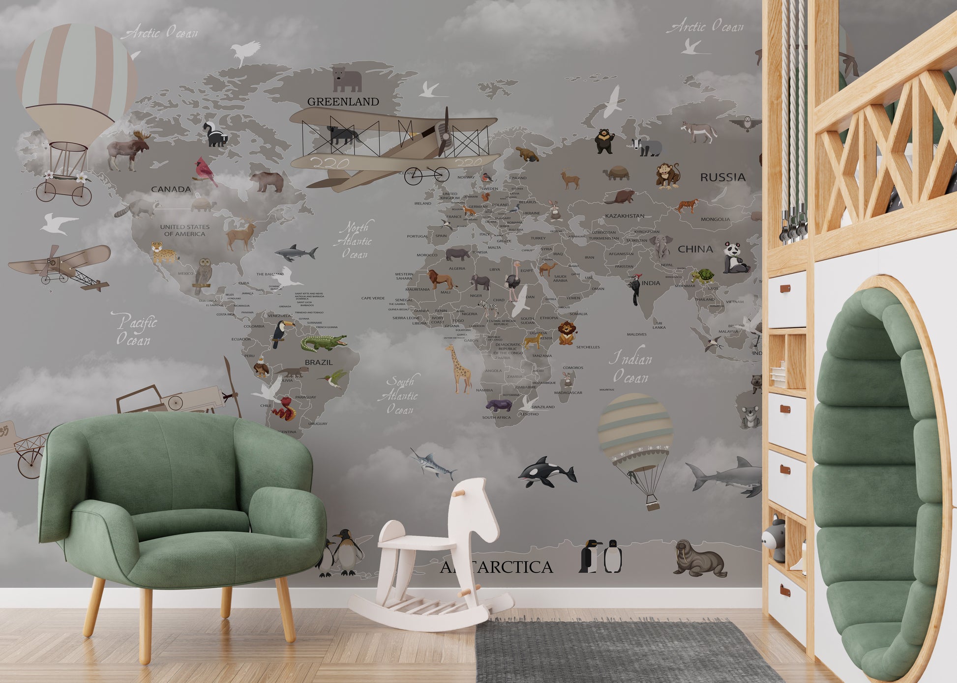 World map mural showcasing animals in flight for kids' rooms.
